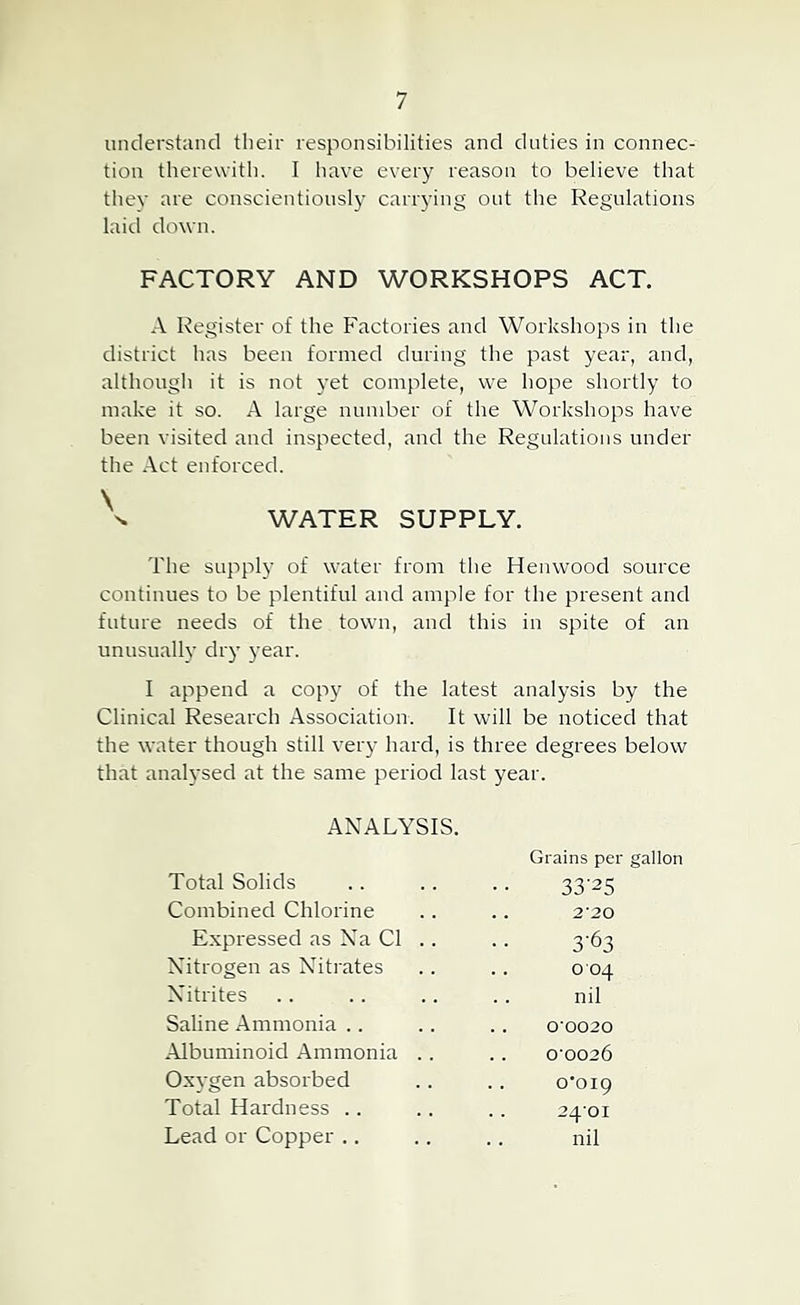 understand their responsibilities and duties in connec- tion therewith. I have every reason to believe that thev are conscientiously carrying out the Kegulations laid down. FACTORY AND WORKSHOPS ACT. A Register of the Factories and Workshops in the district has been formed during the past year, and, although it is not yet complete, we hope shortly to make it so. A large number of the Workshops have been visited and inspected, and the Regulations under the Act enforced. \ WATER SUPPLY. The supply of water from the Henwood source continues to be plentiful and ample for the present and future needs of the town, and this in spite of an unusually dry year. I append a copy of the latest analysis by the Clinical Research Association. It will be noticed that the water though still very hard, is three degrees below that analysed at the same period last year. ANALYSIS. Grains per gallon Total Solids 33-25 Combined Chlorine 2'20 Expressed as Xa Cl . . 3-63 Nitrogen as Nitrates 004 Nitrites nil Saline Ammonia .. 0'0020 Albuminoid Ammonia .. 0’0026 Oxygen absorbed 0*019 Total Hardness .. 24-01 Lead or Copper .. nil