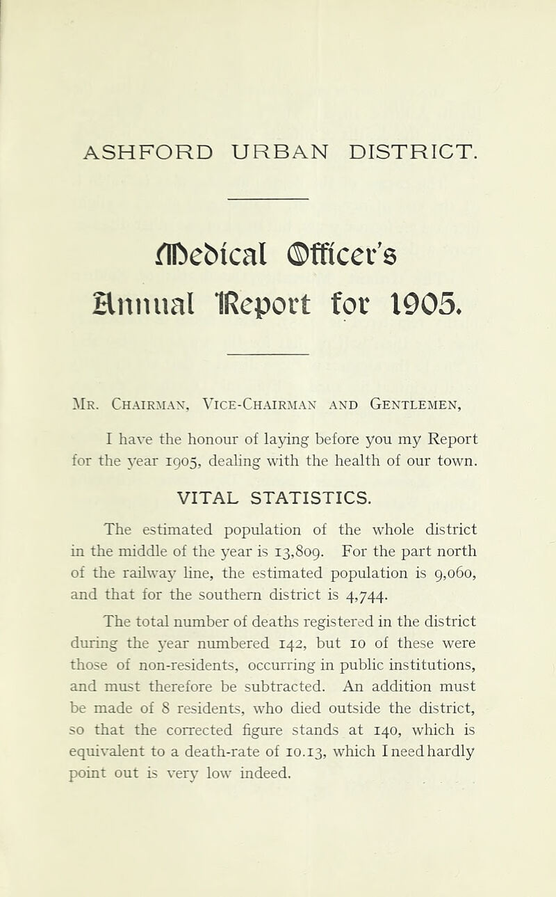 ASHFORD URBAN DISTRICT. flDcbical ©fficev’8 Hiiiuml IRepoi’t for 1905. Mr. Chairman, Vice-Chairman and Gentlemen, I have the honour of laying before you my Report for the year 1905, dealing with the health of our town. VITAL STATISTICS. The estimated population of the whole district in the middle of the year is 13,809. For the part north of the railway line, the estimated population is 9,060, and that for the southern district is 4,744. The total number of deaths registered in the district during the j'ear numbered 142, but 10 of these were those of non-residents, occurring in public institutions, and must therefore be subtracted. An addition must be made of S residents, who died outside the district, so that the corrected figure stands at 140, which is equivalent to a death-rate of 10.13, which I need hardly point out is very low indeed.