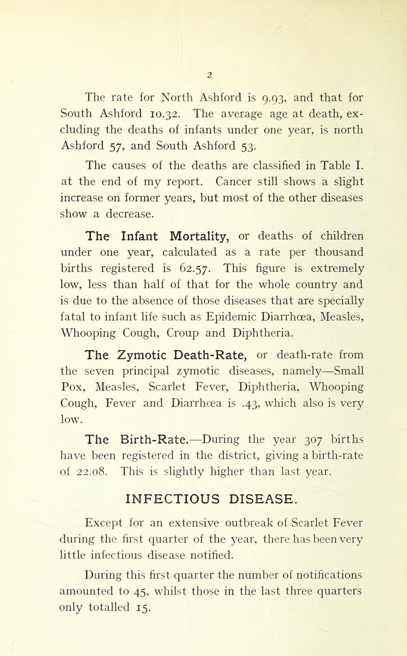 The rate for North Ashford is 9.93, and that for South Ashford 10.32. The average age at death, ex- cluding the deaths of infants under one year, is north Ashford 57, and South Ashford 53. The causes of the deaths are classified in Table I. at the end of my report. Cancer still shows a slight increase on former years, but most of the other diseases show a decrease. The Infant Mortality, or deaths of children under one year, calculated as a rate per thousand births registered is 62.57. This figure is extremely low, less than half of that for the whole country and is due to the absence of those diseases that are specially fatal to infant life such as Epidemic Diarrhoea, Measles, Whooping Cough, Croup and Diphtheria. The Zymotic Death-Rate, or death-rate from the seven principal zymotic diseases, namely—Small Pox, Measles, Scarlet Fever, Diphtheria, Whooping Cough, Fever and Diarrhoea is .43, which also is very low. The Birth-Rate.—During the year 307 births have been registered in the district, giving a birth-rate of 22.08. This is slightly higher than last year. INFECTIOUS DISEASE. Except for an extensive outbreak of Scarlet Fever during the first quarter of the year, there has been very little infectious disease notified. Daring this first quarter the number of notifications amounted to 45, whilst those in the last three quarters only totalled 15.