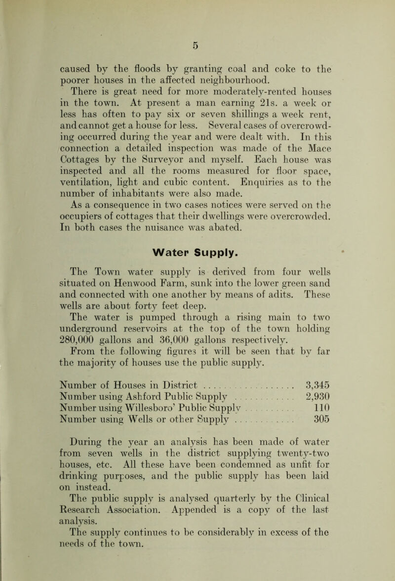caused by the floods by granting coal and coke to the poorer houses in the affected neighbourhood. There is great need for more moderately-rented houses in the town. At present a man earning 21s. a week or less has often to pay six or seven shillings a week rent, and cannot get a house for less. Several cases of overcrowd- ing occurred during the year and were dealt with. In this connection a detailed inspection was made of the Mace Cottages by the Surveyor and myself. Each house was inspected and all the rooms measured for floor space, ventilation, light and cubic content. Enquiries as to the number of inhabitants were also made. As a consequence in two cases notices were served on the occupiers of cottages that their dwellings were overcrowded. In both cases the nuisance was abated. Water Supply. The Town water supply is derived from four wells situated on Henwood Farm, sunk into the lower green sand and connected with one another by means of adits. These wells are about forty feet deep. The water is pumped through a rising main to two underground reservoirs at the top of the town holding 280,000 gallons and 36,000 gallons respectively. From the following figures it will be seen that by far the majority of houses use the public supply. Number of Houses in District 3,345 Number using Ashford Public Supply 2,930 Nu mber using Willesboro’ Public Supply 110 Number using Wells or other Supply 305 During the year an analysis has been made of water from seven wells in the district supplying twenty-two houses, etc. All these have been condemned as unfit for drinking purposes, and the public supply has been laid on instead. The public supply is analysed quarterly by the Clinical Research Association. Appended is a copy of the last- analysis. The supply continues to be considerably in excess of the needs of the town.