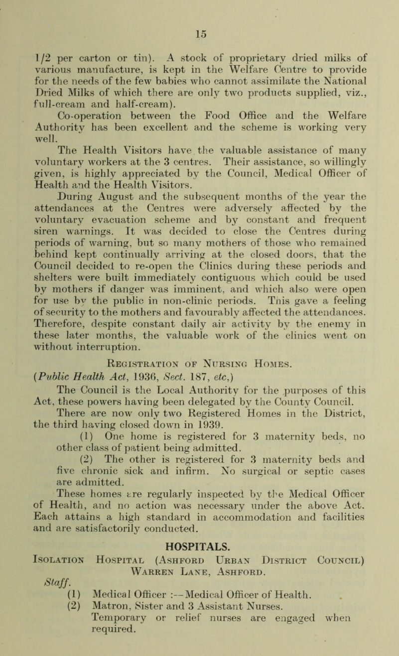 1/2 per carton or tin). A stock of proprietary dried milks of various manufacture, is kept in the Welfare Centre to provide for the needs of the few babies who cannot assimilate the National Dried Milks of which there are only two products supplied, viz., full-cream and half-cream). Co-operation between the Food Office and the Welfare Authority has been excellent and the scheme is working very well. The Health Visitors have, the valuable assistance of many voluntary workers at the 3 centres. Their assistance, so willingly given, is highly appreciated by the Council, Medical Officer of Health and the Health Visitors. During August and the subsequent months of the year the attendances at the Centres were adversely affected by the voluntary evacuation scheme and by constant and frequent siren warnings. It was decided to close the Centres during periods of warning, but so many mothers of those who remained behind kept continually arriving at the closed doors, that the Council decided to re-open the Clinics during these periods and shelters were built immediately contiguous which could be used by mothers if danger was imminent, and which also were open for use by the public in non-clinic periods. This gave a feeling of security to the mothers and favourably affected the attendances. Therefore, despite constant daily air activity by the enemy in these later months, the valuable work of the clinics went on without interruption. Registration of Nursing Homes. {Public Health Act, 1936, Sect. 187, etc,) The Council is the Local Authority for the purposes of this Act, these powers having been delegated by the County Council. There are now only two Registered Homes in the District, the third having closed down in 1939. (1) One home is registered for 3 maternity beds, no other class of patient being admitted. (2) The other is registered for 3 maternity beds and five chronic sick and infirm. No surgical or septic cases are admitted. These homes are regularly inspected by the Medical Officer of Health, and no action was necessary under the above Act. Each attains a high standard in accommodation and facilities and are satisfactorily conducted. Isolation Staff. (1) (2) HOSPITALS. Hospital (Ashford Urban District Council) Warren Lane, Ashford. Medical Officer :—Medical Officer of Health. Matron, Sister and 3 Assistant Nurses. Temporary or relief nurses are engaged when required.