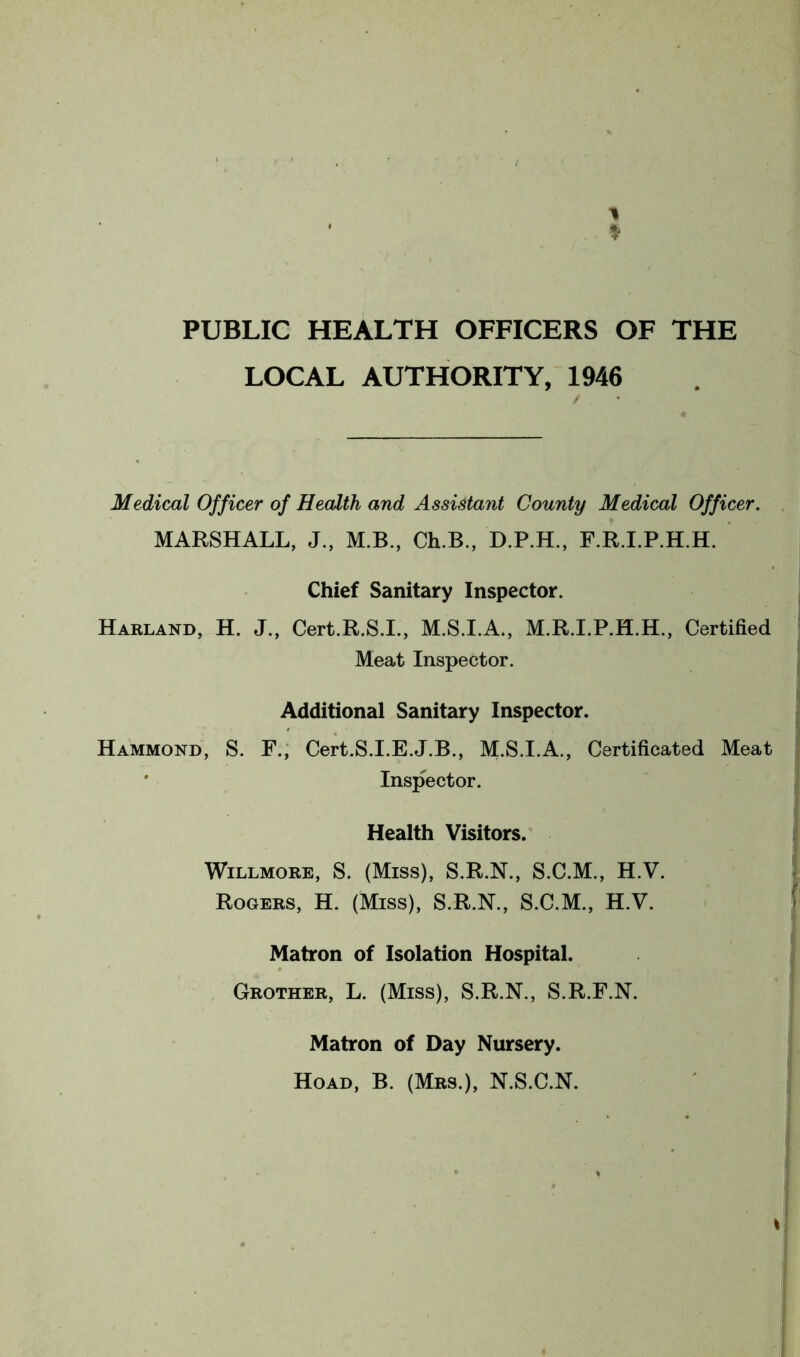 1 * PUBLIC HEALTH OFFICERS OF THE LOCAL AUTHORITY, 1946 Medical Officer of Health and Assistant County Medical Officer. MARSHALL, J., M.B., Ch.B., D.P.H., F.R.I.P.H.H. Chief Sanitary Inspector. Harland, H. J., Cert.R.S.I., M.S.I.A., M.R.I.P.H.H., Certified Meat Inspector. Additional Sanitary Inspector. Hammond, S. F., Cert.S.I.E.J.B., M.S.I.A., Certificated Meat Inspector. Health Visitors. Willmore, S. (Miss), S.R.N., S.C.M., H.V. Rogers, H. (Miss), S.R.N., S.C.M., H.V. Matron of Isolation Hospital. Grother, L. (Miss), S.R.N., S.R.F.N. Matron of Day Nursery. Hoad, B. (Mrs.), N.S.C.N. *