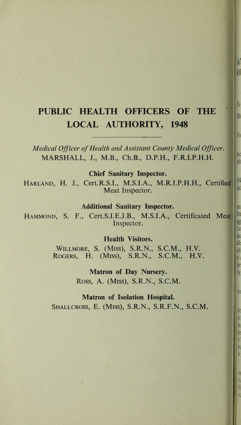 A' 01 PUBLIC HEALTH OFFICERS OF THE LOCAL AUTHORITY, 1948 31s Medical Officer of Health and Assistant County Medical Officer. MARSHALL, J., M.B., Ch.B., D.P.H., F.R.I.P.H.H. Chief Sanitary Inspector. Harland, H. J., Cert.R.S.I., M.S.I.A., M.R.I.P.H.H., Certified Meat Inspector. Additional Sanitary Inspector. Hammond, S. F., Cert.S.I.E.J.B., M.S.I.A., Certificated Meat Inspector. Health Visitors. Willmore, S. (Miss), S.R.N., S.C.M., H.V. Rogers, H. (Miss), S.R.N., S.C.M., H.V. m inc I uni Inti hs Cat I dea effe Hi I of l I Sot Matron of Day Nursery. Ross, A. (Miss), S.R.N., S.C.M. Matron of Isolation Hospital. Shallcross, E. (Miss), S.R.N., S.R.F.N., S.C.M. IP II not fort