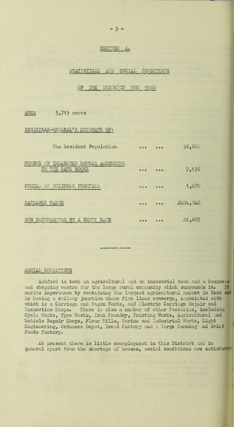 SECTION A. STATISTICAL A1TD _ SOCIAL CONDITIONS OF THE DISTRICT FOR I960 AREA 5,719 acres P&ISTRAR-fiEl^RAL’S ESTIMATE OF: The Resident Population ... ... 26,680 NUmEIR OF DHiABITED HOUSES ACCORDLlIG- TO THE BAIL BOOKS' * 9,136 NUIvISEi-Lu OF BUSINESS PREMISES 1,070 RATEABLE VALUE £104,040 SUM PiEFRESENTED BY A PENNY RATE El,665 SOCIAL CONDITIONS Ashford is both an agricultural and an industrial town and a business and shopping centre for the large rural community which surrounds it. It merits importance by containing the Largest agricultural market in Kent and in having a railway junction where five lines converge, associated with which is a Carriage and Wagon Works, and Electric Carriage Repair and Inspection Shops. There is also a number of other Factories, including Cycle Works, Tyre Works, Iron Foundry, Printing Works, Agricultural and Vehicle Repair Shops, Flour Mills, Marine and Industrial Works, Light Engineering, Ordnance Depot, Bread Factory and a large Canning nd dried foods factory. At present there is little unemployment in this District and in general apart from the shortage of houses, social conditions are satisfaoto: