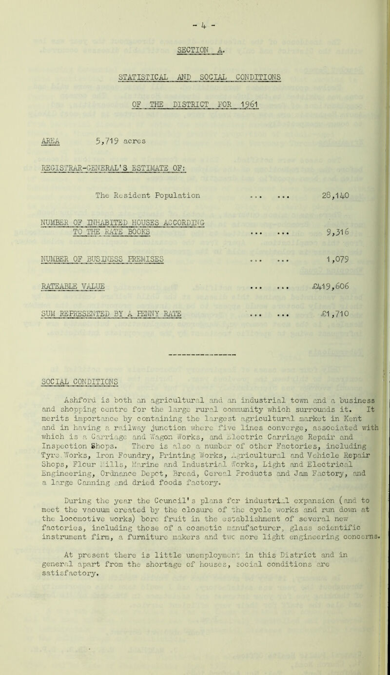 SECTION A. STATISTICAL AND SOCIAL CONDITIONS OF THE DISTRICT FOR 1961 AREA 5,719 acres REGISTRAR-GENERAL'S ESTIMATE OF: The Resident Population NUMBER OF INHABITED HOUSES ACCORDING TO THE RATE BOOKS' NUMBER OF BUSINESS PREMISES RATEABLE VALUE SUM REPRESENTED BY A PENNY RATE 28,140 9,316 1,079 £419,606 £1,710 1 SOCIAL CONDITIONS Ashford is both an agricultural and an industrial town end a business and shopping centre for the large rural community which surrounds it. It merits importance by containing the largest agricultural market in Kent and in halving a railway junction where five lines converge, associated with which is a Carriage and Wagon Works, and Electric Carriage Repa.ir and Inspection Shops. There is also a number of other Factories, including Tyre.Works, Iron Foundry, Printing Works, Agricultural and Vehicle Repair Shops, Flour Mills, Marine and Industrial Works, Light and Electrica.1 Engineering, Ordnance Depot, Bread., Cereal Products and Jam Factory, and a large Canning and dried foods factory. During the year the Council's plans for industrial expansion (and to meet the vacuum created by the closure of she cycle works and rim down at the locomotive works) bore fruit in the establishment of several new factories, including those of a cosmetic manufacturer, glass scientific instrument firm, a furniture makers and twc more light engineering concerns. At present there is little unemployment in this District and in genera„l apart from the shortage of houses, social conditions are satisfactory.