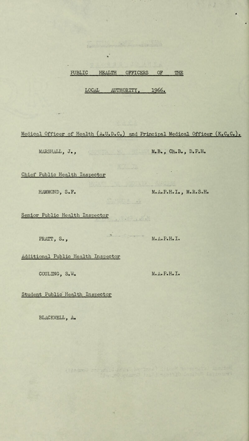 HJBLIC HEALTH OFFICERS OF THE LOCAL AUTHORITY. 1966. Medical Officer of Health (A.U.D.C.) and Principal Medical Officer (K.C.C.). MARSHALL, J., M.B., Ch.B., D.P.H. Chief Public Health Inspector HAMMOND, S.F. M.A.P.H.I., M.R.S.H. Senior Public Health Inspector PRATT, S., M.A.P.H.I. Additional Public Health Inspector COULING, S.W. M.A.P.H.I. Student Public Health Inspector BLACKWELL, A.
