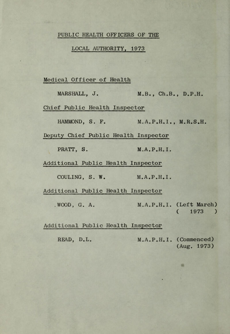 PUBLIC HEALTH OFFICERS OF THE LOCAL AUTHORITY, 1973 Medical Officer of Health MARSHALL, J. M.B. , Ch.E Chief Public Health Inspector HAMMOND, S. F. M.A.P.H.I. Deputy Chief Public Health Inspector PRATT, S. M.A.P.H.I. Additional Public Health Inspector COULING, S. W. M.A.P.H.I. Additional Public Health Inspector .WOOD, G. A. M.A.P.H.I. Additional Public Health Inspector READ, D.L. M.A.P.H.I ., D.PoH. , M.R.S.H. (Left March) ( 1973 ) (Commenced) (Aug. 1973)