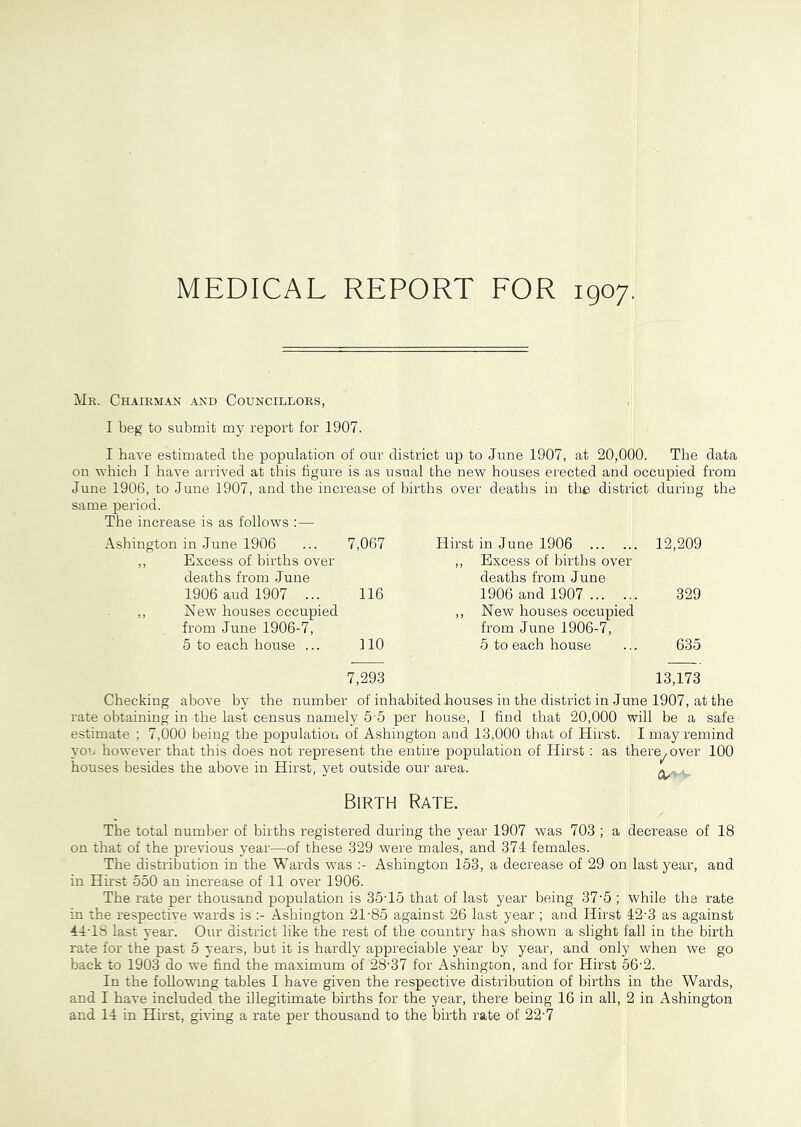 MEDICAL REPORT EOR igo; Mr. Chairman and Councillors, I beg to submit my report for 1907. I have estimated the population of our district up to June 1907, at 20,000. The data on vhich I have arrived at this figure is as usual the new houses erected and occupied from June 1906, to June 1907, and the increase of births over deaths in the district during the same period. The increase is as follows :— Ashington in June 1906 7,067 Hirst in. June 1906 12,209 ,, Excess of births over ,, Excess of births over deaths from June deaths from June 1906 aud 1907 ... 116 1906 and 1907 329 ,, New houses occupied ,, New houses occupied from June 1906-7, from June 1906-7, 5 to each house ... 110 5 to each house ... 635 7,293 13,173 Checking above by the number of inhabited houses in the district in June 1907, at the rate obtaining in the last census namely 5-5 per house, I find that 20,000 will be a safe estimate ; 7,000 being the population of Ashington and 13,000 that of Hirst. I may remind yoi- however that this does not represent the entire population of Hirst : as there^over 100 houses besides the above in Hirst, yet outside our area. Birth Rate. The total number of births registered during the year 1907 was 703 ; a decrease of 18 on that of the previous year—of these 329 were males, and 374 females. The distribution in the Wards was Ashington 153, a decrease of 29 on last year, and in Hu’st 550 an increase of 11 over 1906. The rate per thousand population is 35T5 that of last year being 37'5 ; while the rate in the respectiye wards is':- Ashington 21-85 against 26 last year ; and Hirst 42-3 as against 44-18 last year. Our district like the rest of the country has shown a slight fall in the birth rate for the past 5 years, but it is hardly appreciable year by year, and only when we go back to 1903 do we find the maximum of 28-37 for Ashington, and for Hirst 56-2. In the following tables I have given the respective distribution of births in the Wards, and I have included the illegitimate births for the year, there being 16 in all, 2 in Ashington