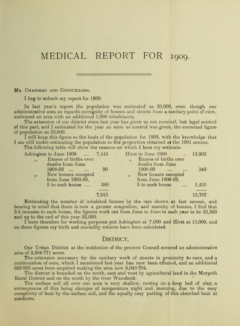MEDICAL REPORT FOR 1909. Mr. Chairman and Councillors, I beg to submit my report for 1909. In last year’s report the population was estimated as 20,000, even though our administrative area as regards contiguity oi houses and streets from a sanitary point of view, embraced an area with an additional 1,000 inhabitants. The extension of our district since last year has given us not nominal, but legal control of this part, and I estimated for the year as soon as control was given, the corrected figure of population as 22,000. I still keep this figure as the basis of the population for 1909, with the knowledge that I am still under-estimating the population to the proportion obtained at the 1901 census. The following table will show the reasons on which I base my estimate. Ashington in June 1908 7,445 Hirst in June 1908 13,903 ,, Excess of births over ,, Excess of births over deaths from June deaths from June 1908-09 90 1908-09 349 ,, New houses occupied ,, New houses occupied from June 1908-09, from June 1908-09, 5 to each house ... 380 5 to each house 1,455 7,915 15,707 Estimating the number of inhabited houses by the rate shown at last census, and bearing in mind that there is now a greater congestion, and scarcity of houses, I find that 5 5 inmates to each house, the figures work out from June to June in each year to be 22,300 and up to the end of this year 23,000. I have therefore for working purposes put Ashington at 7,000 and Hirst at 15,000, and on these figures my birth and mortality returns have been calculated. District. Our Urban District at the institution of the present Council covered an administrative area of 2,384-771 acres. The extension necessary for the sanitary work of streets in proximity to ours, and a continuation of ours, which I mentioned last year has now been effected, and an additional 663-933 acres been acquired making the area now 3,048-704. The district is bounded on the north, east and west by agricultural land in the Morpeth Rural District and on the south by the river Wansbeck. The surface soil all over our area is very shallow, resting on a deep bed of clay, a consequence of this being changes of temperature night and morning, due to the easy receptivity of heat by the surface soil, and the equally easy parting of this absorbed heat at sundown.