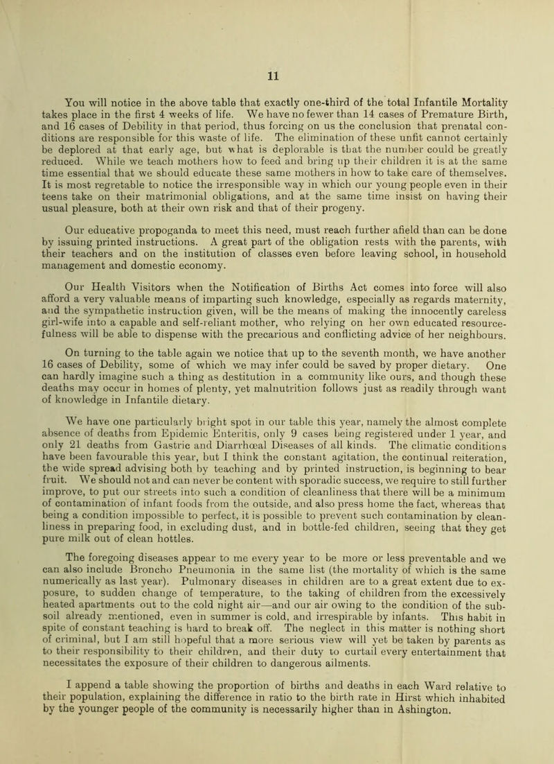 You will notice in the above table that exactly one-third of the total Infantile Mortality takes place in the first 4 weeks of life. We have no fewer than 14 cases of Premature Birth, and 16 cases of Debility in that period, thus forcing on us the conclusion that prenatal con- ditions are responsible for this waste of life. The elimination of these unfit cannot certainly be deplored at that early age, but vhat is deplorable is that the number could be greatly reduced. While we teach mothers how to feed and bring up their children it is at the same time essential that we should educate these same mothers in how to take care of themselves. It is most regretable to notice the irresponsible way in which our young people even in their teens take on their matrimonial obligations, and at the same time insist on having their usual pleasure, both at their own risk and that of their progeny. Our educative propoganda to meet this need, must reach further afield than can be done by issuing printed instructions. A great part of the obligation rests with the parents, with their teachers and on the institution of classes even before leaving school, in household management and domestic economy. Our Health Visitors when the Notification of Births Act comes into force will also afford a very valuable means of imparting such knowledge, especially as regards maternity, and the sympathetic instruction given, will be the means of making the innocently careless girl-wife into a capable and self-reliant mother, who relying on her own educated resource- fulness will be able to dispense with the precarious and conflicting advice of her neighbours. On turning to the table again we notice that up to the seventh month, we have another 16 cases of Debility, some of which we may infer could be saved by proper dietary. One can hardly imagine such a thing as destitution in a community like ours, and though these deaths may occur in homes of plenty, yet malnutrition follows just as readily through want of knowledge in Infantile dietary. We have one particularly bright spot in our table this year, namely the almost complete absence of deaths from Epidemic Enteritis, only 9 cases being registered under 1 year, and only 21 deaths from Gastric and Diarrhceal Diseases of all kinds. The climatic conditions have been favourable this year, but I think the constant agitation, the continual reiteration, the wide spread advising both by teaching and by printed instruction, is beginning to bear fruit. We should not and can never be content with sporadic success, we require to still further improve, to put our streets into such a condition of cleanliness that there will be a minimum of contamination of infant foods from the outside, and also press home the fact, whereas that being a condition impossible to perfect, it is possible to prevent such contamination by clean- liness in preparing food, in excluding dust, and in bottle-fed children, seeing that they get pure milk out of clean bottles. The foregoing diseases appear to me every year to be more or less preventable and we can also include Broncho Pneumonia in the same list (the mortality of which is the same numerically as last year). Pulmonary diseases in children are to a great extent due to ex- posure, to sudden change of temperature, to the taking of children from the excessively heated apartments out to the cold night air—and our air owing to the condition of the sub- soil already mentioned, even in summer is cold, and irrespirable by infants. This habit in spite of constant teaching is hard to break off. The neglect in this matter is nothing short of criminal, but I am still hopeful that a more serious view will yet be taken by parents as to their responsibility to their children, and their duty to curtail every entertainment that necessitates the exposure of their children to dangerous ailments. I append a table showing the proportion of births and deaths in each Ward relative to their population, explaining the difference in ratio to the birth rate in Hirst which inhabited by the younger people of the community is necessarily higher than in Ashington.