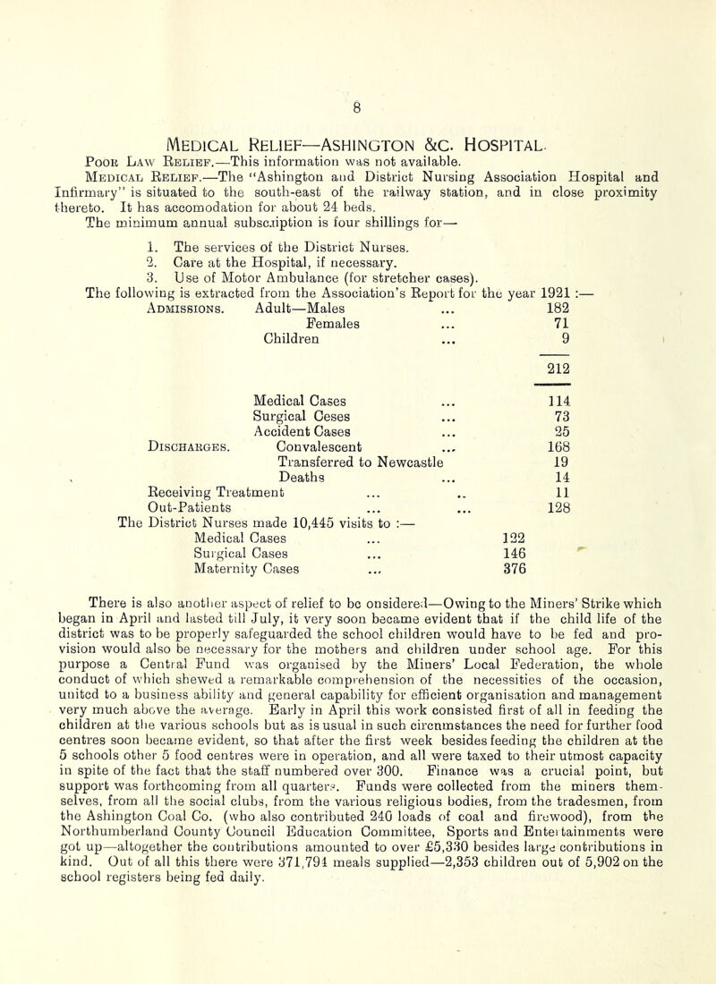 Medical Relief—Ashington &c. Hospital. Poor Law Relief.—This information was not available. Medical Relief.—The “Ashington and District Nursing Association Hospital and Infirmary” is situated to the south-east of the railway station, and in close proximity thereto. It has accomodation for about 24 beds. The minimum annual subsc.iiption is four shillings for— 1. The services of the District Nurses. 2. Care at the Hospital, if necessary. 3. Use of Motor Ambulance (for stretcher cases). The following is extracted from the Association’s Report for Admissions. Adult—Males Females Children the year 1921 :— 182 71 9 212 Medical Cases Surgical Ceses Accident Cases Discharges. Convalescent Transferred to Newcastle Deaths Receiving Treatment Out-Patients The District Nurses made 10,445 visits to :— Medical Cases Surgical Cases Maternity Cases 114 73 25 168 19 14 11 128 122 146 376 There is also another aspect of relief to be onsidered—Owing to the Miners’ Strike which began in April and lasted till July, it very soon became evident that if the child life of the district was to be properly safeguarded the school children would have to he fed and pro- vision would also be necessary for the mothers and children under school age. For this purpose a Central Fund was organised by the Miners’ Local Federation, the whole conduct of which shewed a remarkable comprehension of the necessities of the occasion, united to a business ability and general capability for efficient organisation and management very much above the average. Early in April this work consisted first of all in feeding the children at the various schools but as is usual in such circumstances the need for further food centres soon became evident, so that after the first week besides feeding the children at the 5 schools other 5 food centres were in operation, and all were taxed to their utmost capacity in spite of the fact that the staff numbered over 300. Finance was a crucial point, but support was forthcoming from all quarters. Funds were collected from the miners them- selves, from all the social clubs, from the various religious bodies, from the tradesmen, from the Ashington Coal Co. (who also contributed 240 loads of coal and firewood), from the Northumberland County Council Education Committee, Sports and Entertainments were got up—altogether the contributions amounted to over £5,330 besides large contributions in kind. Out of all this there were 371,794 meals supplied—2,353 children out of 5,902 on the school registers being fed daily.