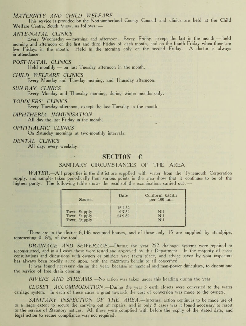 MATERNITY AND CHILD WELFARE This service is provided by the Northumberland County Council and clinics are held at the Child Welfare Centre, South View, as follows : — ANTE-NATAL CLINICS Every Wednesday — morning and afternoon. Every Friday, except the last in the month — held morning and afternoon, on the first and third Friday of each month, and on the fourth Friday when there are five Fridays in the month. Held in the morning only on the second Friday. A doctor is always in attendance. POST-NATAL CLINICS Held monthly — on last Tuesday afternoon in the month. CHILD WELFARE CLINICS Every Monday and Tuesday morning, and Thursday afternoon. SUN-RAY CLINICS Every Monday and Thursday morning, during winter months only. TODDLERS’ CLINICS Every Tuesday afternoon, except the last Tuesday in the month. DIPHTHERIA IMMUNISATION All day the last Friday in the month. OPHTHALMIC CLINICS On Saturday mornings at two-monthly intervals. DENTAL CLINICS All day, every weekday. SECTION C SANITARY CIRCUMSTANCES OF THE AREA WATER.—All properties in the district are supplied with water from the Tynemouth Corporation supply, and samples taken periodically from various points in the area show that it continues to be of the highest purity. The following table shows the resullsof the examinations carried out : — Source Date Coliform bacilli per 100 ml. 16.4.52 Town Supply .. 9.7.52 Nil Town Supply .. 24.9.52 Nil Town Supply .. Nil There are in the district 8,148 occupied houses, and of these only 15 are supplied by standpipe, representing 0.18% of the total. DRAINAGE AND SEWERAGE.—During the year 252 drainage systems were repaired or reconstructed, and in all cases these were tested and approved by this Department. In the majority of cases consultations and discussions with owners cr builders have taken place, and advice given by your inspectors has always been readily acted upon, with the maximum benefit to ail concerned. It was found necessary during the year, because of financial and man-power difficulties, to discontinue the service of free drain clearing. RIVERS AND STREAMS.—No action was taken under this heading during the year. CLOSET ACCOMMODATION.—During the year 3 earth closets were converted to the water carriage system. In each of these cases a grant towards the cost of conversion was made to the owners. SANITARY INSPECTION OF THE AREA.—Informal action continues to be made use of to a iarge extent to secure the carrying out of repairs, and in only 5 cases was it found necessary to resort to the service of Statutory notices. All these were complied with before the expiry of the stated date, and legal action to secure compliance was not required.