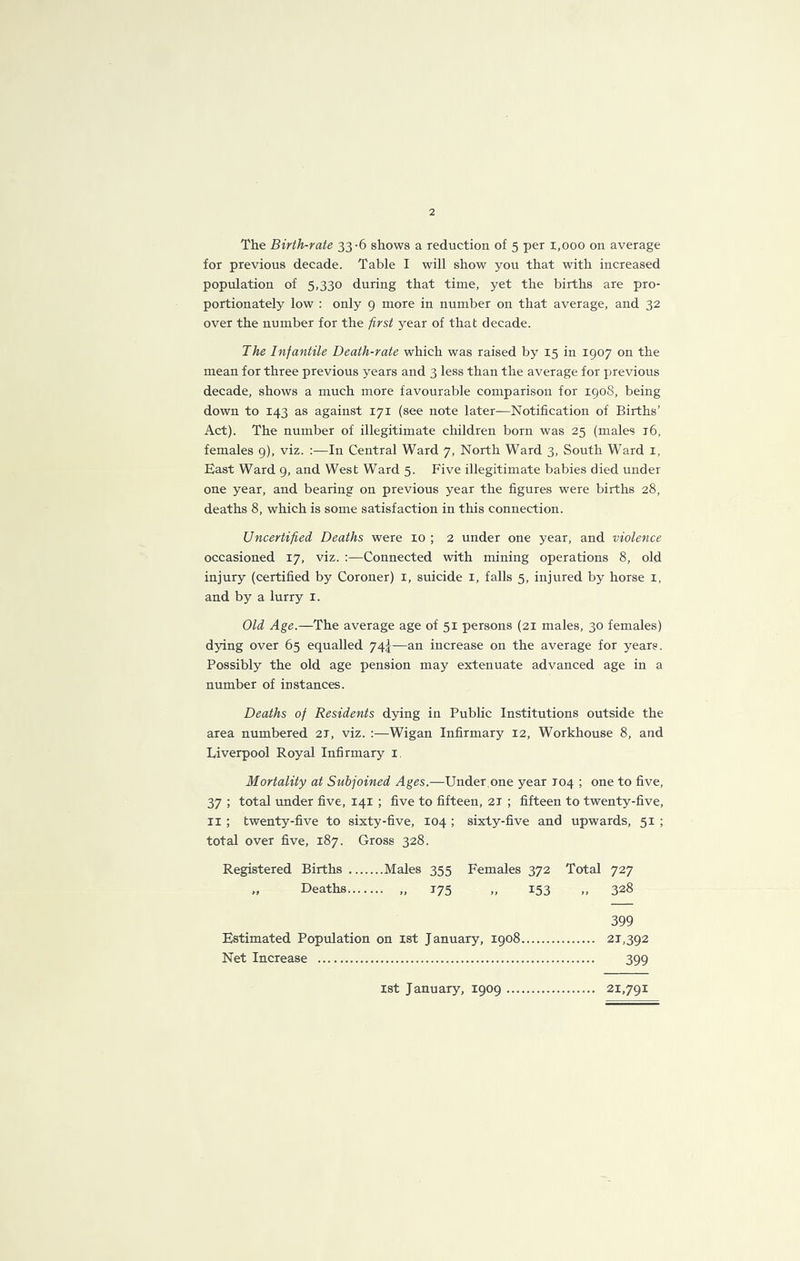 2 The Birth-rate 33-6 shows a reduction of 5 per 1,000 on average for previous decade. Table I will show you that with increased population of 5,330 during that time, yet the births are pro- portionately low : only 9 more in number on that average, and 32 over the number for the first year of that decade. The Infantile Death-rate which was raised by 15 in 1907 on the mean for three previous years and 3 less than the average for previous decade, shows a much more favourable comparison for 1908, being down to 143 as against 171 (see note later—Notification of Births’ Act). The number of illegitimate children born was 25 (males t6, females 9), viz. In Central Ward 7, North Ward 3, South Ward i. East Ward 9, and West Ward 5. Five illegitimate babies died under one year, and bearing on previous year the figures were births 28, deaths 8, which is some satisfaction in this connection. Uncertified Deaths were 10 ; 2 under one year, and violence occasioned 17, viz. :—Connected with mining operations 8, old injury (certified by Coroner) i, suicide i, falls 5, injured by horse I, and by a lurry i. Old Age.—The average age of 51 persons (21 males, 30 females) dying over 65 equalled 745—an increase on the average for years. Possibly the old age pension may extenuate advanced age in a number of instances. Deaths of Residents dying in Public Institutions outside the area numbered 21, viz. :—Wigan Infirmary 12, Workhouse 8, and Liverpool Royal Infirmary i. Mortality at Subjoined Ages.—Under.one year 104 ; one to five, 37 ; total tmder five, 141 ; five to fifteen, 21 ; fifteen to twenty-five, II ; twenty-five to sixty-five, 104 ; sixty-five and upwards, 51 ; total over five, 187. Gross 328. Registered Births Males 355 Females 372 Total 727 „ Deaths „ 175 „ 153 „ 328 399 Estimated Population on ist January, 1908 21,392 Net Increase 399 21,791 1st January, 1909