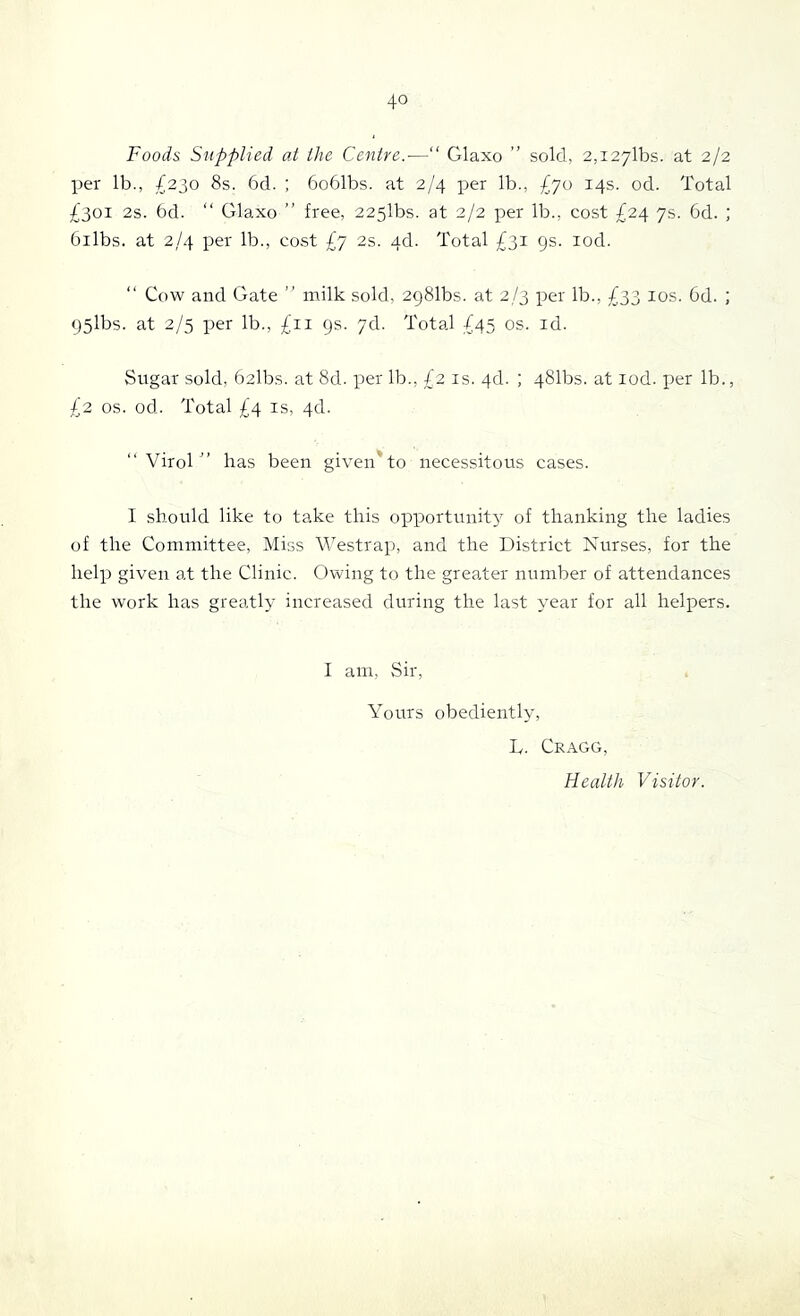 Foods Supplied at the Centre.-—“ Glaxo ” sold, 2,i27lbs. at 2/2 per lb., £230 8s. 6d. ; 6o61bs. at 2/4 per lb., £70 14s. od. Total £301 2s. 6d. “ Glaxo ” free, 225lbs. at 2/2 per lb., cost £24 7s. 6d. ; 6ilbs. at 2/4 per lb., cost £7 2s. 4d. Total £31 9s. lod. “ Cow and Gate ” milk sold, 2981bs. at 2/3 per lb., £33 los. 6d. ; 95lbs. at 2/5 per lb., £ii 9s. 7d. Total £45 os. id. Sugar sold, 62lb.s. at 8d. per lb., £2 is. 4d. ; 481bs. at lod. per lb., £2 os. od. Total £4 IS, 4d. “Virol’ has been given*to necessitous cases. I should like to take this opportunity of thanking the ladies of the Committee, Miss Westrap, and the District Nurses, for the help given at the Clinic. Owing to the greater number of attendances the work has greatly increased during the last year for all helpers. I am, Sir, Yours obediently, L. Cragg, Health Visitor.