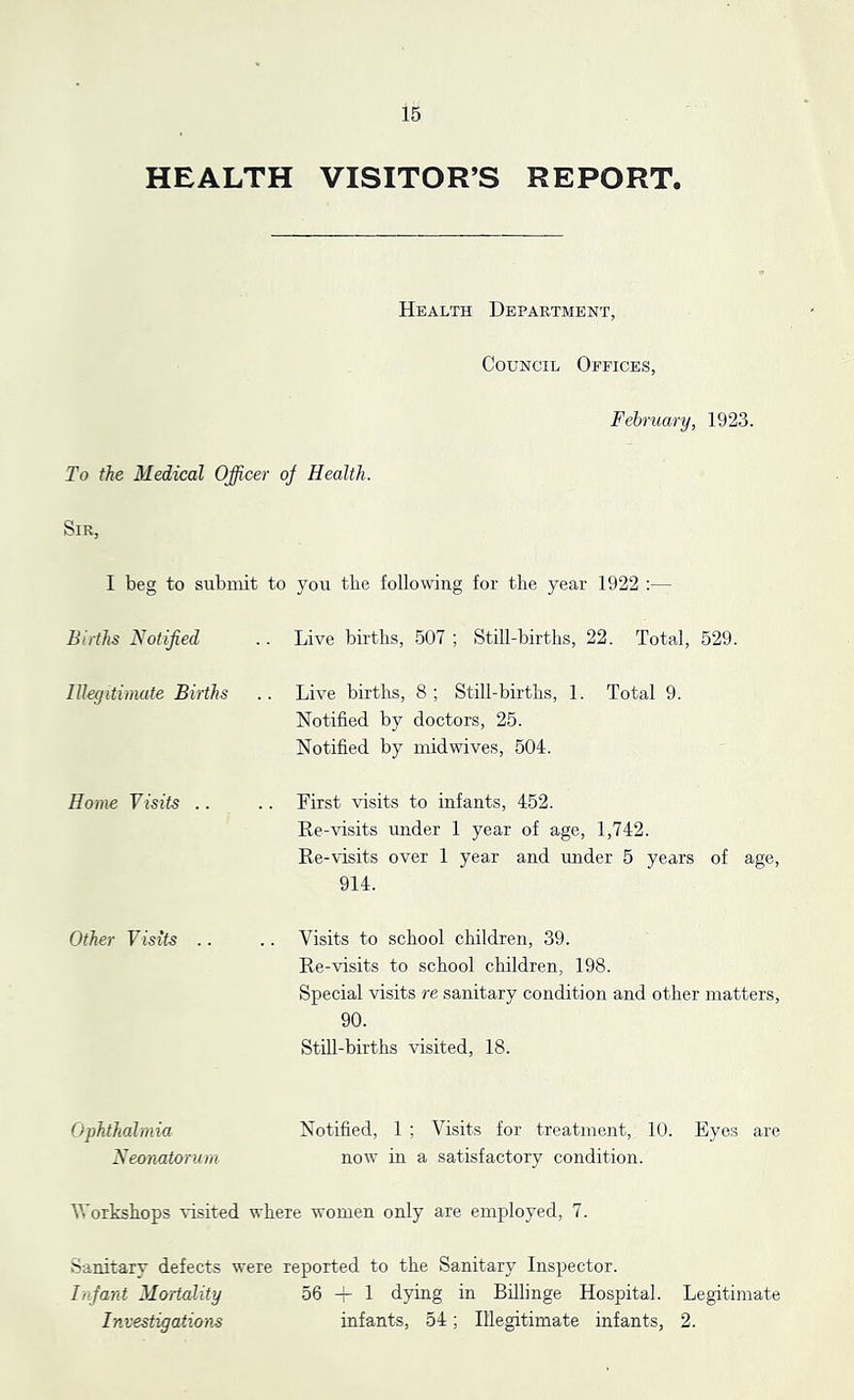 HEALTH VISITOR’S REPORT. Health Department, Council Offices, February, 1923. To the Medical Officer of Health. Sir, I beg to submit to you the following for the year 1922 :— Births Notified .. Live births, 507 ; Still-births, 22. Total, 529. Illegitimate Births .. Live births, 8; Still-births, 1. Total 9. Notified by doctors, 25. Notified by midwives, 504. Home Visits .. .. First visits to infants, 452. Ee-visits mider 1 year of age, 1,742. Re-visits over 1 year and mider 5 years of age, 914. Other Visits .. .. Visits to school children, 39. Re-visits to school children, 198. Special visits re sanitary condition and other matters, 90. Still-births visited, 18. Ophthalmia Notified, 1 ; Visits for treatment, 10. Eyes are Neonatorum now in a satisfactory condition. Workshops visited where women only are employed, 7. Sanitary defects were reported to the Sanitary Inspector. Infant Mortality 56 + 1 dying in Billinge Hospital. Legitimate Investigatioyi.s infants, 54; Illegitimate infants, 2.