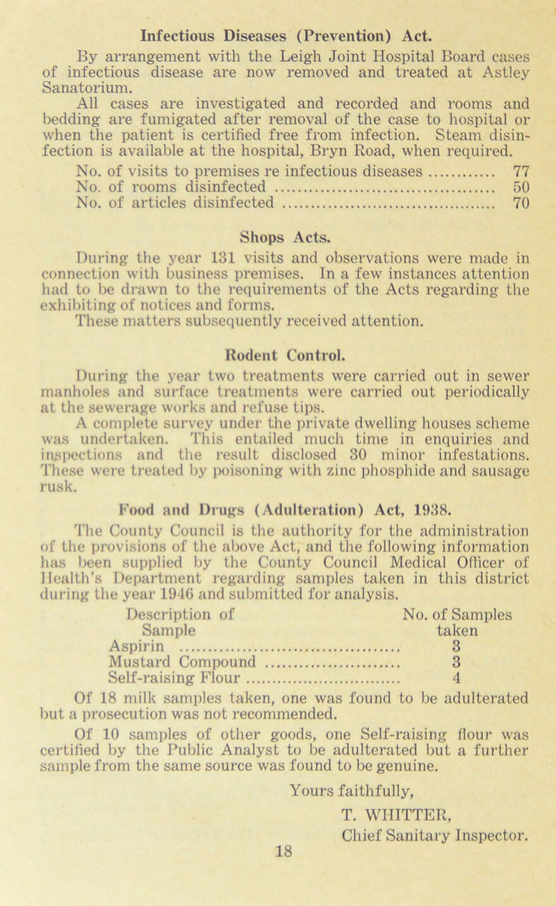 Infectious Diseases (Prevention) Act. By arrangement with the Leigh Joint Hospital Board cases of infectious disease are now removed and treated at Astley Sanatorium. All cases are investigated and recorded and rooms and bedding are fumigated after removal of the case to hospital or when the patient is certified free from infection. Steam disin- fection is available at the hospital, Bryn Road, when required. No. of visits to premises re infectious diseases 77 No. of rooms disinfected 50 No. of articles disinfected 70 Shops Acts. During the year 131 visits and observations were made in connection with business premises. In a few instances attention had to be drawn to the requirements of the Acts regarding the exhibiting of notices and forms. These matters subsequently received attention. Rodent Control. During the year two treatments were carried out in sewer manholes and surface treatments were carried out periodically at the sewerage works and refuse tips. A complete survey under the private dwelling houses scheme was undertaken. This entailed much time in enquiries and inspections and the result disclosed 30 minor infestations. These were treated by poisoning with zinc phosphide and sausage rusk. Food and Drugs (Adulteration) Act, 1938. The County Council is the authority for the administration of the provisions of the above Act, and the following information has been supplied by the County Council Medical Officer of Health’s Department regarding samples taken in this district during the year 1946 and submitted for analysis. Description of Sample Aspirin Mustard Compound Self-raising Flour .. No. of Samples taken 3 3 4 Of 18 milk samples taken, one was found to be adulterated but a prosecution was not recommended. Of 10 samples of other goods, one Self-raising flour was certified by the Public Analyst to be adulterated but a further sample from the same source was found to be genuine. Yours faithfully, T. WHITTER, Chief Sanitary Inspector.