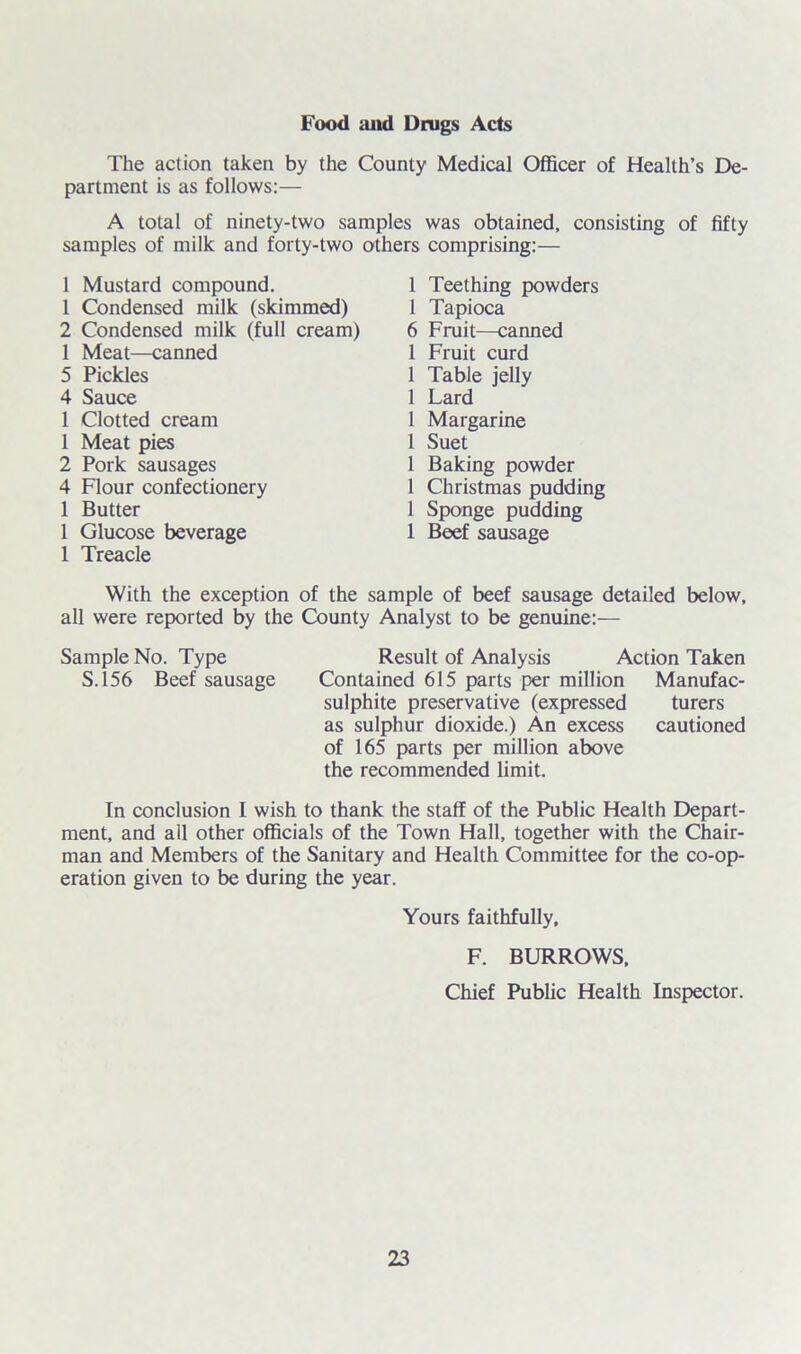 Food and Drags Acts The action taken by the County Medical Officer of Health’s De- partment is as follows:— A total of ninety-two samples was obtained, consisting of fifty samples of milk and forty-two others comprising:— 1 Mustard compound. 1 Condensed milk (skimmed) 2 Condensed milk (full cream) 1 Meat—canned 5 Pickles 4 Sauce 1 Clotted cream 1 Meat pies 2 Pork sausages 4 Flour confectionery 1 Butter 1 Glucose beverage 1 Treacle 1 Teething powders 1 Tapioca 6 Fruit—canned 1 Fruit curd 1 Table jelly 1 Lard 1 Margarine 1 Suet 1 Baking powder 1 Christmas pudding 1 Sponge pudding 1 Beef sausage With the exception of the sample of beef sausage detailed below, all were reported by the County Analyst to be genuine:— Sample No. Type Result of Analysis Action Taken S. 156 Beef sausage Contained 615 parts per million Manufac- sulphite preservative (expressed turers as sulphur dioxide.) An excess cautioned of 165 parts per million above the recommended limit. In conclusion I wish to thank the staff of the Public Health Depart- ment, and all other officials of the Town Hall, together with the Chair- man and Members of the Sanitary and Health Committee for the co-op- eration given to be during the year. Yours faithfully, F. BURROWS, Chief Public Health Inspector.