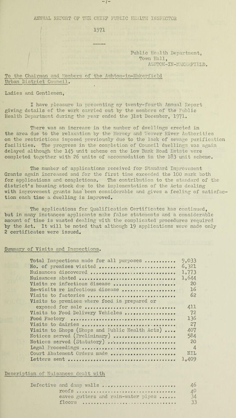 -I ANNUAL REPORT OF THE CHIEF PUBLIC HEALTH INSPECTOR I 1971 I Public Health Department, I Town Hall, / j ASHTON-IN -1L4KERFIELL. To_ tbe Chairman and Members of the Ashton-ln-Makerfield Urban District Council. Ladies and Gentlemen, I have pleasure in presenting my twenty-fourth Annual Report giving details of the work carried out by the members of the Public Health Department during the year ended the 31st December, 1971* There was an increase in the number of dwellings erected in the area due to the relaxation by the Mersey and heaver River Authorities on the restrictions imposed previously due to the lack of sewage purification facilities. The progress in the completion of Council dwellings was again delayed although the 145 unit scheme on the Low Bank Road Estate were completed together with 26 units of accommodation in the 183 unit scheme. The number of applications received for Standard Improvement Grants aga.in increased and for the first time exceeded the 100 mark both for applications and completions. The contribution to the standard of the district's housing stock due to the implementation of the Acts dealing with improvement grants has been considerable and gives a feeling of satisfac- tion each time a dwelling is improved. The applications for Qualification Certificates has continued, but in many instances applicants make false statements and a considerable amount of time is wasted dealing with the complicated procedures required by the Act, It will be noted that although 19 applications vie re made only 2 certificates were issued* Summary of Visits and Inspections. Total Inspections made for all purposes 9,033 No. of premises visited 6,321 Nuisances discovered 1,773 Nuisances abated 1,644 Visits re infectious disease 20 Re-visits re infectious disease 16 Visits co factories 62 Visits to premises where food is prepared or exposed for sale 4H Visits to Food Delivery Vehicles .................. 72 Food Factory ..................................... 136 Visits to dairies ................................. 27 Visits to Shops (Shops and Public Health Acts) .... 407 Notices served (Preliminary) ...................... 584 Notices served (Statutory) 20 Legal Proceedings 4 Court Abatement Orders mad.e ....................... NIL Letters sent 1,409 Description of Nuisances dealt with Defective and damp walls 46 roofs 4O eaves gutters and rain-water pipes ...... 34 floors 33