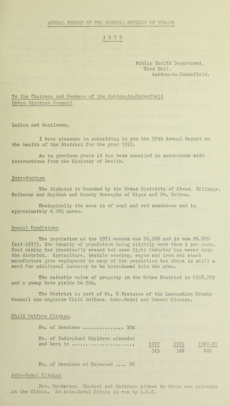 19 7 2 Public Health Department., Town Hall, Ashton-in-Makerfield. To the Chairman and Members of the Ashton-in-Makerfield Urban District Council. Ladies and Gentlemen, I have pleasure in submitting to you the 97th Annual Report on the health of the District for the year 1972. As in previous years it has been compiled in accordance with instructions from the Ministry of Health. Introduction The district is bounded by the Urban Districts of Abram, Billinge, Golborne and Haydock and County Boroughs of Wigan and St, Helens. Geologically the area is of coal and red sandstone and is approximately 6 265 acres. Social Conditions The population at the 1971 census was 26,260 and is now 26,820 (mid-197?)? the density of population being slightly more than 4 Per acre. Coal mining has practically ceased but some light industry has moved into the district. Agriculture, textile weaving, rayon and iron and steel manufacture give employment to many of the population but there is still a need for additional industry to be introduced into the area. The rateable value of property in the Urban District is £718,289 and a penny Rate yields £6-900. The District is part of No. 8 Division of the Lancashire County Council who organise Child Welfare. Ante-Natal and School Clinics. Child Weifare Clinics. No. of Sessions 104 No. of Individual Children attended and horn in 1^72 ' 315 No. of Sessions at Garswood .... 26 Ante-Natal Clinics Drs. Manderson. Bhaduri and Mattison attend to their own patients at the Clinic. No Ante-Natal Clinic is run by L.C.C. 1971 1967-70 346 242