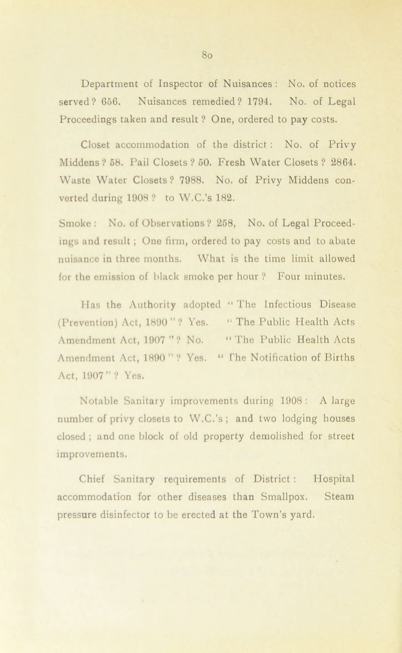 So Department of Inspector of Nuisances : No. of notices served? 656. Nuisances remedied? 1794. No. of Legal Proceedings taken and result ? One, ordered to pay costs. Closet accommodation of the district : No. of Privy Middens? 58. Pail Closets ? 50. Fresh Water Closets ? 2864. Waste Water Closets? 7988. No. of Privy Middens con- verted during 1908 ? to W.C.’s 182. Smoke : No. of Observations? 258, No. of Legal Proceed- ings and result ; One firm, ordered to pay costs and to abate nuisance in three months. What is the time limit allowed for the emission of black smoke per hour? Four minutes. Has the Authority adopted “The Infectious Disease (Prevention) Act, 1890 ” ? Yes. “ The Public Health Acts Amendment Act, 1907 ”? No. “The Public Health Acts Amendment Act, 1890 ”? Yes. “ I'he Notification of Births Act, 1907” ? Yes. Notable Sanitary improvements during 1908 : A large number of privy closets to W.C.’s ; and two lodging houses closed ; and one block of old property demolished for street improvements. Chief Sanitary requirements of District : Hospital accommodation for other diseases than Smallpox. Steam pressure disinfector to be erected at the Town’s yard.