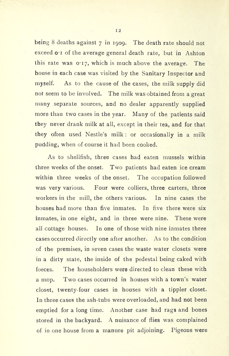being 8 deaths against 7 in 1909. The death rate should not exceed O’l of the average general death rate, but in Ashton this rate was 0-17, which is much above the average. The house in each case was visited by the Sanitary Inspector and myself. As to the cause of the cases, the milk supply did not seem to be involved. The milk was obtained from a great many separate sources, and no dealer apparently supplied more than two cases in the year. Many of the patients said the}' never drank milk at all, except in their tea, and for that they often used Nestle’s milk : or occasionally in a milk pudding, when of course it had been cooked. As to shellfish, three cases had eaten mussels within three weeks of the onset. Two patients had eaten ice cream within three weeks of the onset. The occupation followed was very various. Four were colliers, three carters, three workers in the mill, the others various. In nine cases the houses had more than five inmates. In five there were six inmates, in one eight, and in three were nine. These were all cottage houses. In one of those with nine inmates three cases occurred directly one after another. As to the condition of the premises, in seven cases the waste water closets were in a dirty state, the inside of the pedestal being caked with foeces. The householders were directed to clean these with a mop. Two cases occurred in houses with a town’s water closet, twenty-four cases in houses with a tippler closet. In three cases the ash-tubs were overloaded, and had not been emptied for a long time. Another case had rags and bones stored in the backyard. A nuisance of flies was complained of in one house from a manure pit adjoining. Pigeons were
