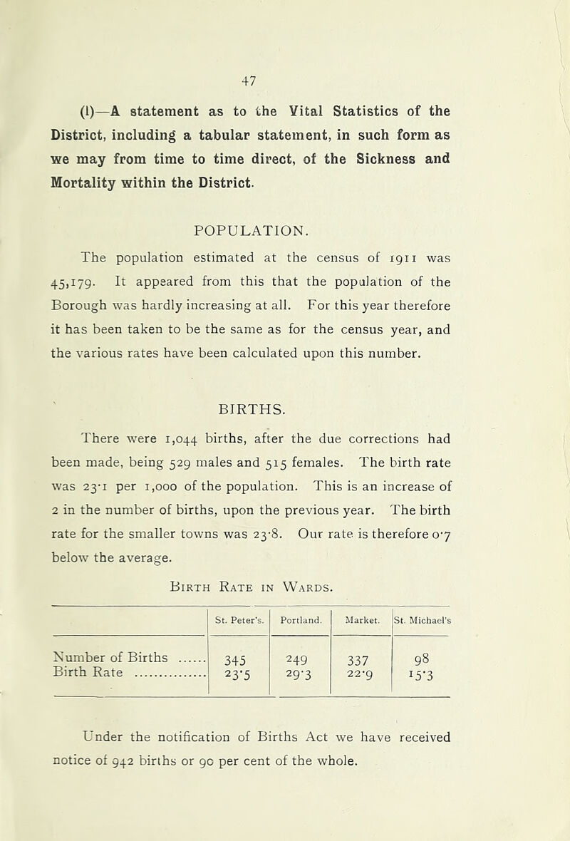 (1)—A statement as to the Vital Statistics of the District, including a tabular statement, in such form as we may from time to time direct, of the Sickness and Mortality within the District. POPULATION. The population estimated at the census of 1911 was 45,179. It appeared from this that the population of the Borough was hardly increasing at all. For this year therefore it has been taken to be the same as for the census year, and the various rates have been calculated upon this number. BIRTHS. There were 1,044 births, after the due corrections had been made, being 529 males and 515 females. The birth rate was 23-1 per 1,000 of the population. This is an increase of 2 in the number of births, upon the previous year. The birth rate for the smaller towns was 23-8. Our rate is therefore 0*7 below the average. Birth Rate in Wards. St. Peter's. Portland. Market. St. Michael’s Number of Births Birth Rate 345 23'5 249 29-3 337 22-9 98 i5‘3 Under the notification of Births Act we have received notice of 942 births or 90 per cent of the whole.
