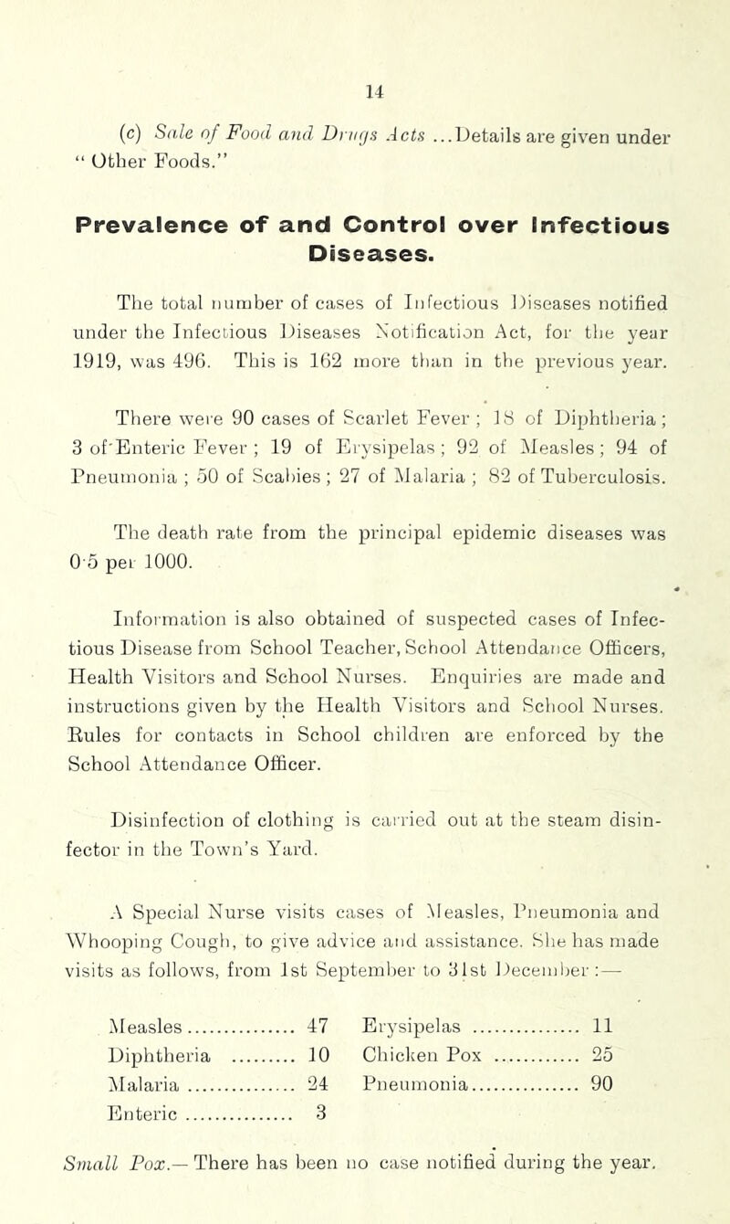 (c) Sale of Food and Drugs Acts ...Details are given under “ Other Foods.” Pfevalence of and Control over Infectious Diseases. The total number of cases of Infectious Diseases notified under the Infectious Diseases Notification Act, for the year 1919, was 496. This is 162 more than in the previous year. There wei’e 90 cases of Scarlet Fever ; IS of Diphtlieria; 3 of'Bnteric Fever ; 19 of Erysipelas; 92 of Measles; 94 of Pneumonia ; 50 of Scabies ; 27 of Malaria ; 82 of Tuberculosis. The death rate from the principal epidemic diseases was 0'5 per 1000. Information is also obtained of suspected cases of Infec- tious Disease from School Teacher, School Attendance Officers, Health Visitors and School Nurses. Enquiries are made and instructions given by the Health Visitors and School Nurses. Eules for contacts in School children are enforced by the School Attendance Officer. Disinfection of clothing is carried out at the steam disin- fector in the Town’s Yard. Special Nurse visits cases of Measles, Pneumonia and Whooping Cough, to give advice and assistance. She has made visits as follows, from 1st September to 31st December: — Measles 47 Diphtheria 10 IMalaria 24 Enteric 3 Erysipelas 11 Chicken Pox 25 Pneumonia 90 Small Pox — There has been no case notified during the year.