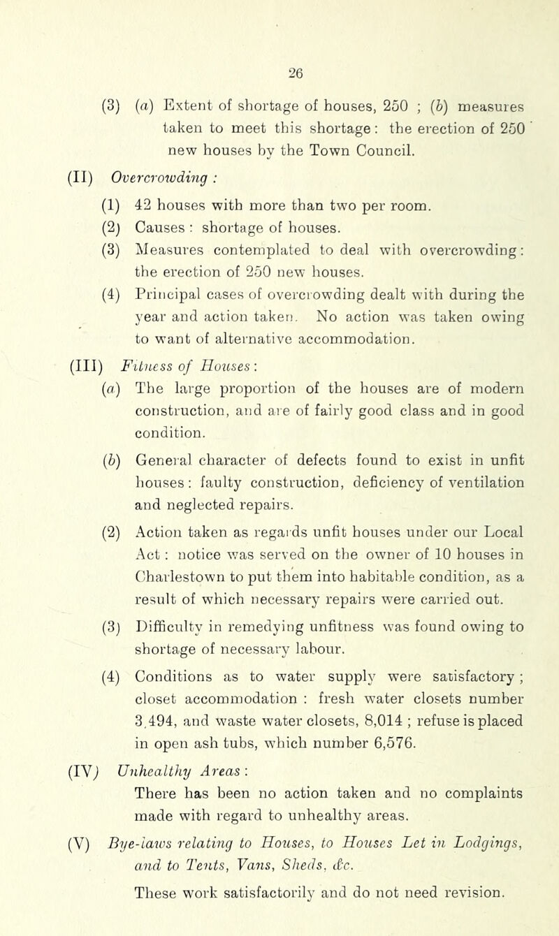 (3) (a) Extent of shortage of houses, 250 ; (b) measures taken to meet this shortage: the erection of 250 new houses hy the Town Council. (II) Overcrowding : (1) 42 houses with more than two per room. (2) Causes ; shortage of houses. (3) Measures contemplated to deal with overcrowding: the erection of 250 new houses. (4) Principal cases of overcrowding dealt with during the year and action taken. No action was taken owing to want of alternative accommodation. (III) FiLncss of Houses : {a) The large proportion of the houses are of modern construction, and are of fairly good class and in good condition. (5) General character of defects found to exist in unfit houses: faulty construction, deficiency of ventilation and neglected repairs. (2) Action taken as regards unfit houses under our Local Act : notice was served on the owner of 10 houses in Gharlestown to put them into habitable condition, as a result of which necessary repairs were carried out. (3) Difficulty in remedying unfitness was found owing to shortage of necessary labour. (4) Conditions as to water supply were satisfactory; closet accommodation : fresh water closets number 3,494, and waste water closets, 8,014 ; refuse is placed in open ash tubs, which number 6,576. (IV) Unhealthy Areas: There has been no action taken and no complaints made with regard to unhealthy areas. (V) Bye-laws relating to Houses, to Houses Let in Lodgings, and to Tents, Vans, Sheds, dx. These work satisfactorily and do not need revision.