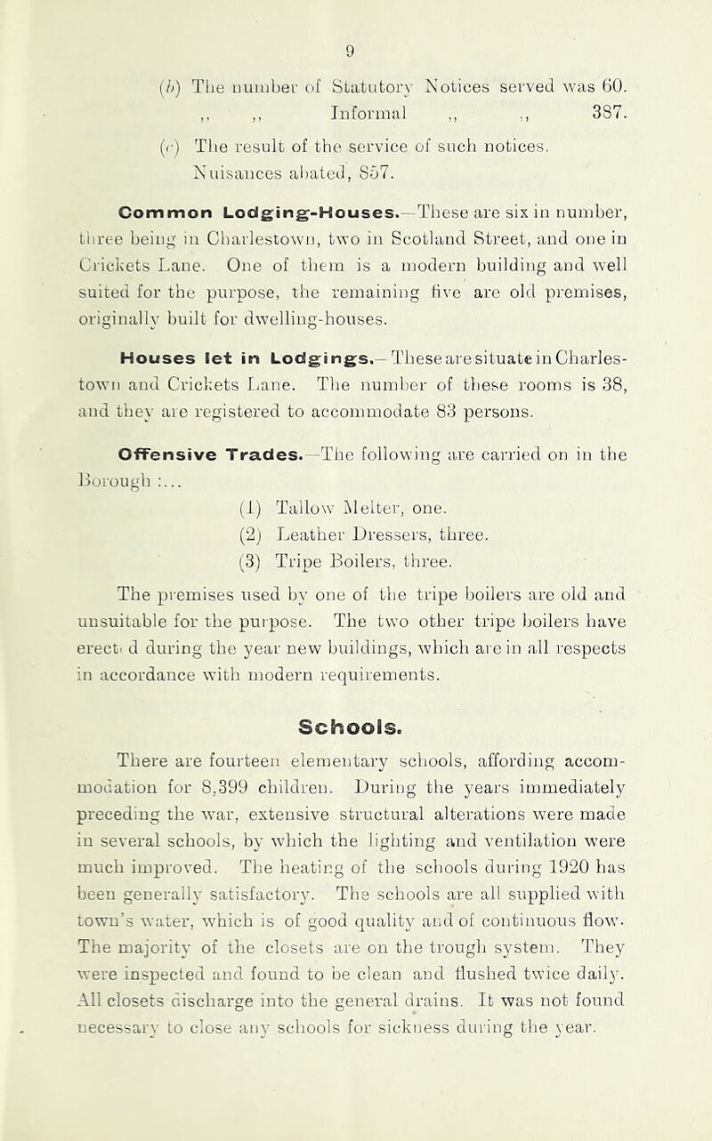 {!>) Tlie nuuibev of Statutory Notices served was 60. ,, ,, Informal ,, 387. (<■) The result of the service of such notices. Nuisances al)atcd, 857. Common Lodging-Houses.—These are six in number, three being in Charlestown, two in Scotland Street, and one in Crickets Lane. One of them is a modern building and well suited for the purpose, the remaining five are old premises, originally built for dwelling-houses. Houses let in Lodgings.—ThesearesituateinCharles- town and Crickets I;ane. Tlie number of these rooms is 38, and they are registered to accommodate 83 persons. Offensive Trades. -The following are carried on in the llorough :... (1) Tallow Melter, one. (2) Leather Dressers, three. (3) Tripe Boilers, three. The premises used by one of the tripe boilers arc old and unsuitable for the purpose. The two other tripe boilers have erect, d during the year new buildings, which are in all respects in accordance with modern requirements. Schools. There are fourteen elementary schools, affording accom- modation for 8,399 children. During the years immediately preceding the war, extensive structural alterations were made in several schools, by which the lighting and ventilation w’ere much improved. The heating of the schools during 1920 has been generally satisfactory. The schools are all supplied with town’s water, which is of good quality and of continuous flow. The majority of the closets are on the trough system. They were inspected and found to be clean and flushed twice daily. All closets discharge into the general drains. It was not found necessary to close any schools for sickness during the year.