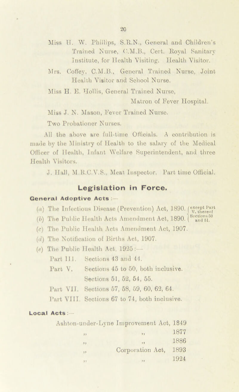 Miss IT. W. Phillips, S.R.N., General and Children’s Trained Nurse, Cert. Royal Sanitary Institute, for Health Visiting. Health Visitor. Mrs. Coffey, C.M.B., General Trained Nurse, Joint Health Visitor and School Nurse. Miss H. E. Hollis, General Trained Nurse, Matron of Fever Hospital. Miss J. N. Mason, Fever Trained Nurse. Two Probationer Nurses. All the above are full-time Officials. A contribution is made by the Ministry of Health to the salary of the Medical Officer of Health, Infant Welfare Superintendent, and three Health Visitors. J. Hall, M.K.C V.S., Meat Inspector. Part time Official. Legislation in Force. General Adoptive Acts (a) The Infectious 1 fisease (Prevention) Act, 1890. j^'therenl (b) The Public Health Acts Amendment Act, 1890.18‘aiidM00 (r) The Public Health Acts Amendment Act, .1907. (<l) The Notification of Jfirths Act, 1907. (r) The Public Health Act, 1925: Part II I. Sections 43 and 44. Part V. Sections 45 to 50, both inclusive. Sections 51, 52, 54, 55. Part VII. Sections 57, 58, 59, 60, 62, 64. Part VI IT. Sections 67 to 74, both inclusive. Local Acts : Ashton-under- Lyne Improvement Act, 1849 »I „ 1877 „ 1886 Corporation Act, 1893 „ 1924