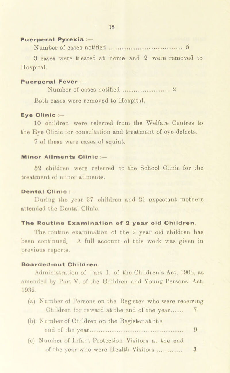 Puerperal Pyrexia .— Number of cases notified 5 3 cases were treated at home and 2 were removed to Hospital. Puerperal Fever :— Number of cases notified 2 Both cases were removed to Hospital. Eye Clinic :— 10 children were referred from the Welfare Centres to the Eye Clinic for consultation and treatment of eye defects. 7 of these were cases of squint. Minor Ailments Clinic :— 52 children were referred to the School Clinic for the treatment of minor ailments. Dental Clinic : During the year 37 children and 21 expectant mothers attended the Dental Clinic. The Routine Examination of 2 year old Children. The routine examination of the 2 year old children has been continued, A full account of this work was given in previous reports. Boarded-out Children Administration of I'art I. of the Children's Act, 1908, as amended by Part V. of the Children and Young Persons' Act, 1932 (a) Number of Persons on the Register who were receiving Children for reward at the end of the year 7 (b) Number of Children on the Register at the end of the year 9 (c) Number of Infant Protection Visitors at the end of the year who were Health Visitors 3