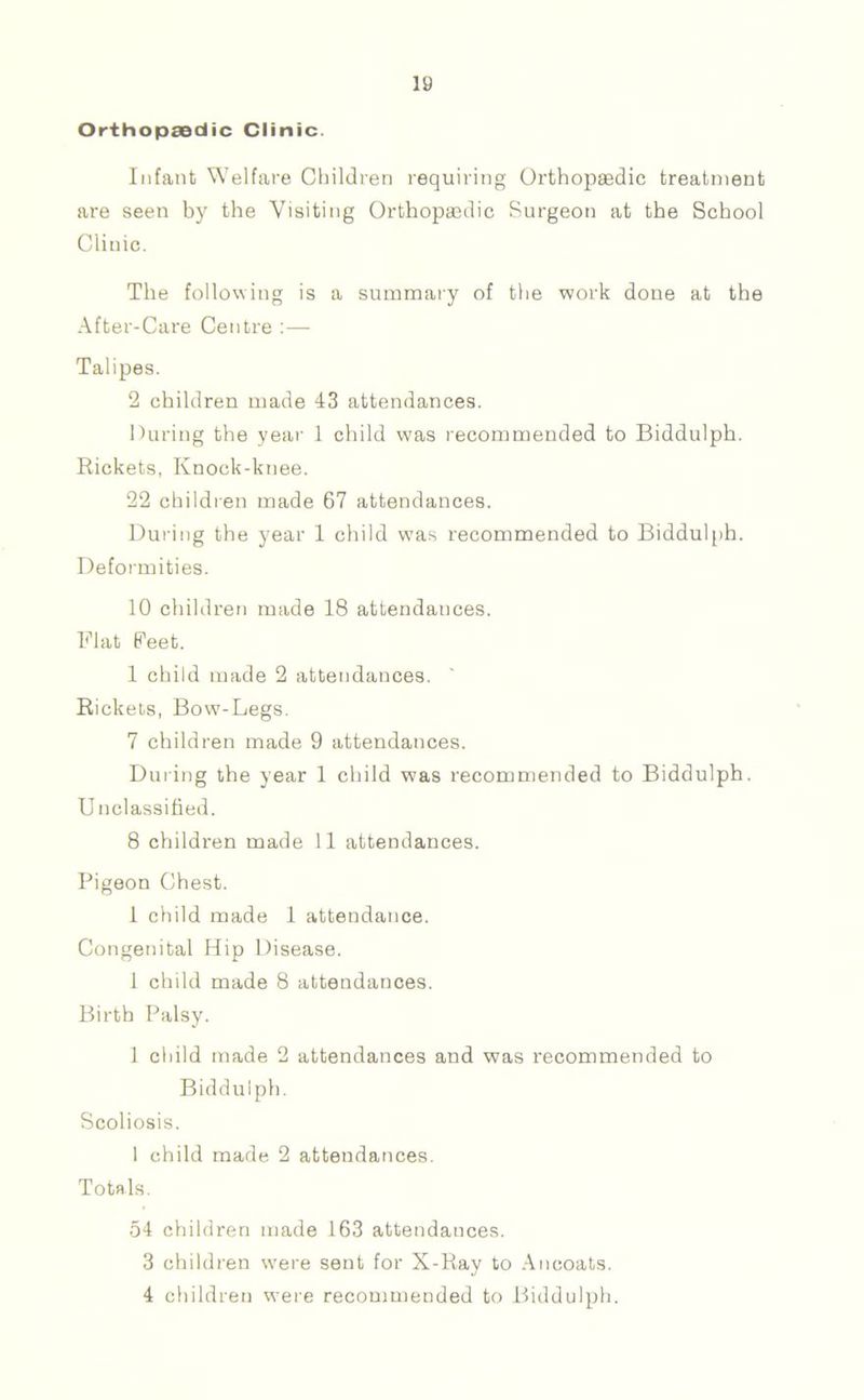 Orthopaedic Clinic. Infant Welfare Children requiring Orthopaedic treatment are seen by the Visiting Orthopaedic Surgeon at the School Clinic. The following is a summary of the work done at the After-Care Centre :— Talipes. 2 children made 43 attendances. During the year 1 child was recommended to Biddulph. Rickets, Knock-knee. 22 children made 67 attendances. During the year 1 child was recommended to Biddulph. Deformities. 10 children made 18 attendances. Flat Feet. 1 child made 2 attendances. Rickets, Bow-Legs. 7 children made 9 attendances. During the year 1 child was recommended to Biddulph. U nclassified. 8 children made 11 attendances. Pigeon Chest. 1 child made 1 attendance. Congenital Hip Disease. 1 child made 8 attendances. Birth Palsy. 1 child made 2 attendances and was recommended to Biddulph. Scoliosis. 1 child made 2 attendances. Totals. 54 children made 163 attendances. 3 children were sent for X-Ray to An coats. 4 children were recommended to Biddulph.