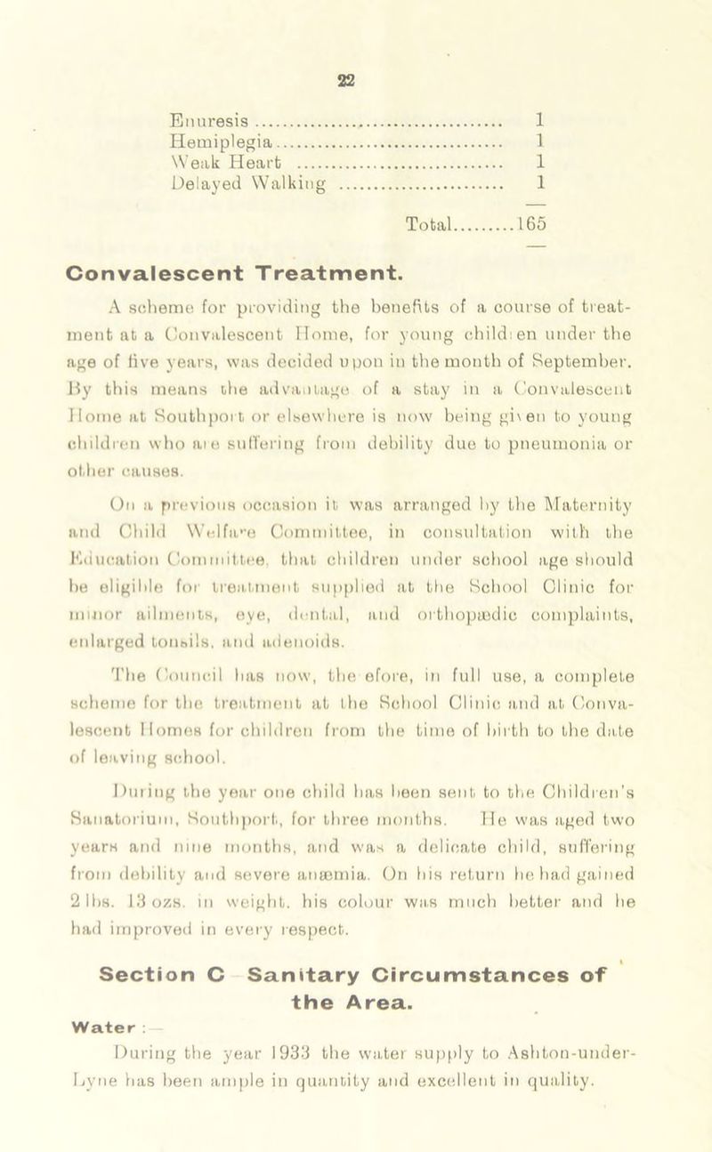 Enuresis 1 Hemiplegia 1 Weak Heart 1 Delayed Walking 1 Total 165 Convalescent Treatment. A scheme for providing the benefits of a course of treat- ment at a Convalescent Home, for young child: en under the age of five years, was decided upon in the month of September. By this means the ad van urge of a stay in a Convalescent Home at Southport or elsewhere is now being given to young children who ate suffering from debility due to pneumonia or other causes. On a previous occasion it was arranged by the Maternity and Child Welfare Committee, in consultation with the Education Committee, that children under school age should he eligible for treatment supplied at the School Clinic for minor ailments, eye, dental, and orthopaedic complaints, enlarged tonsils, ami adenoids. The Council has now, the efore, in full use, a complete scheme for the treatment at the School Clinic and at Conva- lescent Homes for children from the time of birth to the date of leaving school. During the year one child has been sent to the Children's Sanatorium, Southport, for three months. He was aged two years and nine months, and was a delicate child, suffering from debility and severe anaemia. On his return he had gained 2 lbs. 13 ozs. m weight, his colour was much better and he had improved in every respect. I Section C Sanitary Circumstances of the Area. Water : During the year 1933 the water supply to Ashton-under- Hyne has been ample in quantity and excellent in quality.
