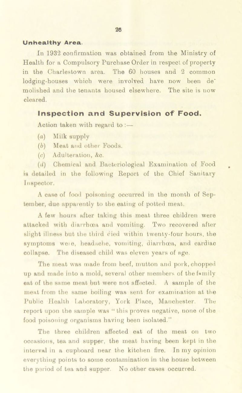 Unhealthy Area In 1932 confirmation was obtained from the Ministry of Health for a Compulsory Purchase Order in respect of property in the Charlestown area. The 60 houses and 2 common lodging-houses which were involved have now been de' molished and the tenants housed elsewhere. The site is now cleared. Inspection and Supervision of Food. Action taken with regard to : — (a) Milk supply (b) Meat and other Foods. (o) Adulteration, &c. (</) Chemical and Bacteriological Examination of Food is detailed in the following Report of the Chief Sanitary I nspector. A case of food poisoning occurred in the month of Sep- tember, due apparently to the eating of potted meat. A few hours after taking this meat three children were attacked with diarrhoea and vomiting. Two recovered after slight illness hut the third died within twenty-four hours, the symptoms wete, headache, vomiting, diarrhoea, and cardiac collapse. The diseased child was eleven years of age. The meat was made from heef, mutton and pork, chopped up and made into a mold, several other members of tbef»mily eat of the snnie meat hut were not iiffected. A sample of the meat from the same boiling was sent for examination at the Public Health Laboratory, York Place, Manchester. The report upon the sample was “this proves negative, none of the food poisoning organisms having been isolated.” The three children affected eat of the meat on two occasions, tea and supper, the meat having been kept in the interval in a cupboard near the kitchen fire. In my opinion everything points to some contamination in the house between the period of tea and supper. No other cases occurred.