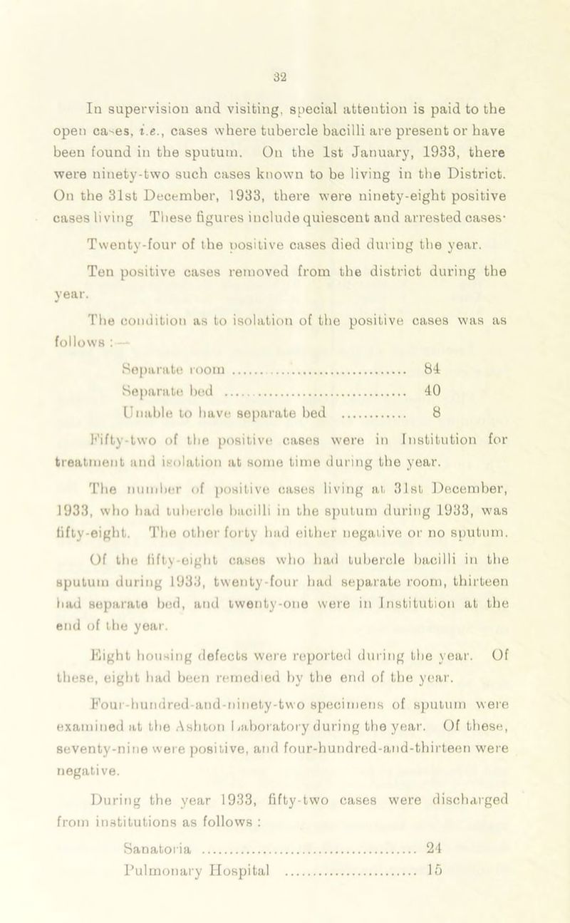 In supervision and visiting, special attention is paid to the open ca-es, i.e., cases where tubercle bacilli are present or have been found in the sputum. On the 1st January, 1933, there were ninety-two such cases known to be living in the District. On the 31st December, 1933, there were ninety-eight positive cases living These figures include quiescent and arrested cases1 Twenty-four of the positive cases died during the year. Ten positive cases removed from the district during the year. The condition as to isolation of the positive cases was as follows : — Separate room 81 Separate hod 10 Unable to have separate bed 8 Fifty-two of the positive cases were in Institution for treatment and isolation at some time during the year. The number of positive cases living at 31st December, 1933, who had tubercle bacilli in the sputum during 1933, was fifty-eight. The other forty had either negative or no sputum. Of the fifty-eight cases who had tubercle bacilli in the sputum during 1933, twenty-four had separate room, thirteen had separate bed, and twenty-one were in Institution at the end of the year. Eight housing defects were reported during the year. Of these, eight had been remedied by the end of the year. Four-hundred and-ninety-two specimens of sputum were examined at the Ashton I laboratory during the year. Of these, seventy-nine were positive, and four-hundred-and-thirteen were negative. During the year 1933, fifty-two cases were discharged from institutions as follows : Sanatoria 21 Pulmonary Hospital 15