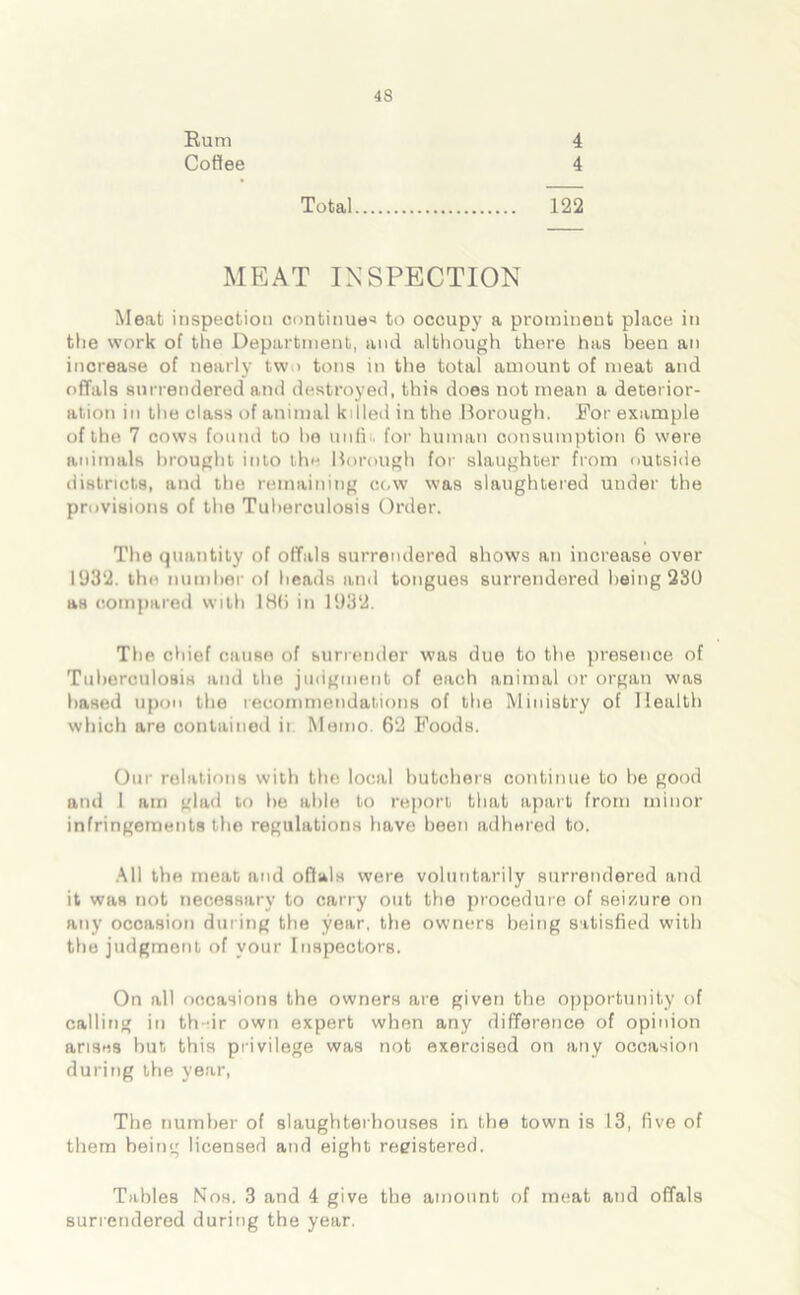 Rum 4 Coflee 4 Total 122 MEAT INSPECTION Meat inspection continue® to occupy a prominent place in tlie work of the Department, and although there has been an increase of nearly two tons in the total amount of meat and offals surrendered and destroyed, this does not mean a deterior- ation in the class of animal killed in the Borough. For example of the 7 cows found to he unfii. for human consumption 6 were animals brought into the Borough for slaughter from outside districts, and the remaining cow was slaughtered under the provisions of the Tuberculosis Order. The quantity of offals surrendered shows an increase over 1982. the number of heads and tongues surrendered being 280 as compared with 180 in 1982. The chief cause of surrender was due to the presence of Tuberculosis and the judgment of each animal or organ was based upon the recommendations of the Ministry of Health which are contained it Memo. 62 Foods. Our relations with the local butchers continue to be good and 1 am glad to be able to report that apart from minor infringements the regulations have been adhered to. All the meat and offals were voluntarily surrendered and it was not necessary to carry out the procedure of seizure on any occasion during the year, the owners being satisfied with the judgment of your Inspectors. On all occasions the owners are given the opportunity of calling in th-ir own expert when any difference of opinion arises but this privilege was not exercised on any occasion during the year, The number of slaughterhouses in the town is 13, five of them being licensed and eight registered. Tables Nos. 3 and 4 give the amount of meat and offals surrendered during the year.