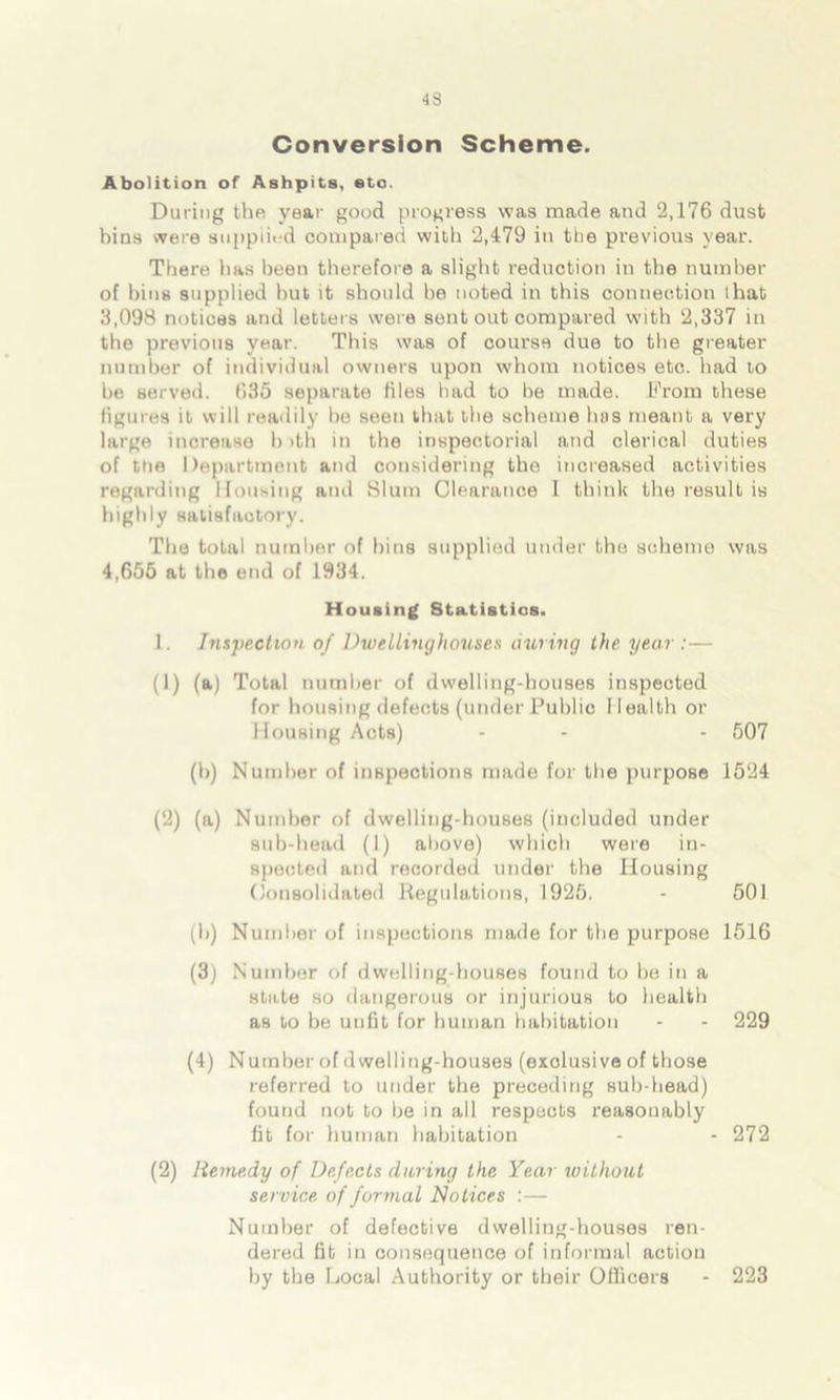 Conversion Scheme. Abolition of Ashpits, etc. During the year good progress was made and 2,176 dust bins were supplied compared with 2,479 in the previous year. There has been therefore a slight reduction in the number of bins supplied hut it should be noted in this connection that 3,098 notices and letters were sent out compared with 2,337 in the previous year. This was of course due to the greater number of individual owners upon whom notices etc. had to he served. 635 separate files had to he made. From these figures it will readily be seen that the scheme 1ms meant a very large increase b >th in the inspectorial and clerical duties of the Department and considering the increased activities regarding Housing ami Slum Clearance 1 think the result is highly satisfactory. The total number of bins supplied under the scheme was 4,655 at the end of 1934. Housing Statistics. 1. Inspection of Dwellinghouses during the year :— (1) (a) Total number of dwelling-houses inspected for housing defects (under Public Health or Housing Acts) - - - 507 (b) Number of inspections made for the purpose 1524 (2) (a) Number of dwelling-houses (included under sub-head (1) above) which were in- spected and recorded under the Housing Consolidated Regulations, 1925. - 501 (b) Number of inspections made for the purpose 1516 (3) Number of dwelling-houses found to be in a state so dangerous or injurious to health as to be unfit for human habitation - - 229 (4) Number of dwelling-houses (exclusive of those referred to under the preceding sub-head) found not to be in all respects reasonably fit for human habitation - - 272 (2) Remedy of Defects daring the Year without service of formal Notices :— Number of defective dwelling-houses ren- dered fit in consequence of informal actiou by the Local Authority or their Officers 223