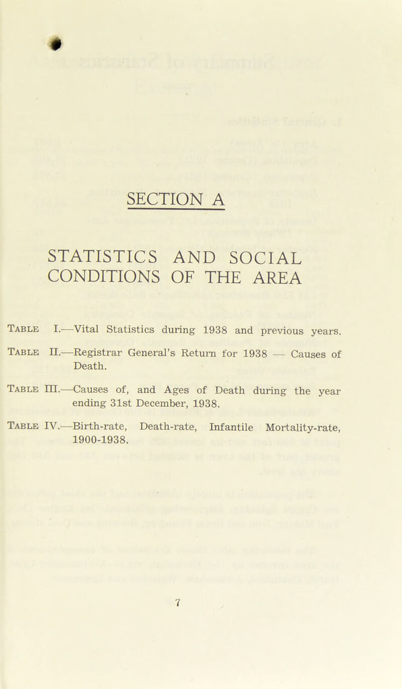 SECTION A STATISTICS AND SOCIAL CONDITIONS OF THE AREA Table I.—Vital Statistics during 1938 and previous years. Table II.—Registrar General’s Return for 1938 — Causes of Death. Table m.—Causes of, and Ages of Death during the year ending 31st December, 1938. Table IV.—Birth-rate, Death-rate, Infantile Mortality-rate, 1900-1938.