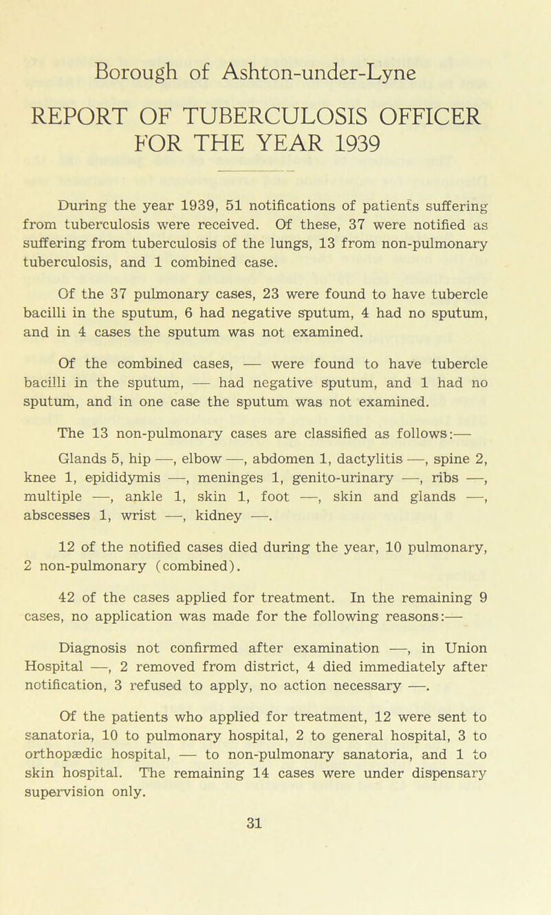Borough of Ashton-under-Lyne REPORT OF TUBERCULOSIS OFFICER FOR THE YEAR 1939 During the year 1939, 51 notifications of patients suffering from tuberculosis were received. Of these, 37 were notified as suffering from tuberculosis of the lungs, 13 from non-pulmonary tuberculosis, and 1 combined case. Of the 37 pulmonary cases, 23 were found to have tubercle bacilli in the sputum, 6 had negative sputum, 4 had no sputum, and in 4 cases the sputum was not examined. Of the combined cases, — were found to have tubercle bacilli in the sputum, — had negative sputum, and 1 had no sputum, and in one case the sputum was not examined. The 13 non-pulmonary cases are classified as follows:— Glands 5, hip —, elbow —, abdomen 1, dactylitis —, spine 2, knee 1, epididymis —, meninges 1, genito-urinary —, ribs —, multiple —, ankle 1, skin 1, foot —, skin and glands —, abscesses 1, wrist —, kidney —. 12 of the notified cases died during the year, 10 pulmonary, 2 non-pulmonary (combined). 42 of the cases applied for treatment. In the remaining 9 cases, no application was made for the following reasons:— Diagnosis not confirmed after examination —, in Union Hospital —, 2 removed from district, 4 died immediately after notification, 3 l’efused to apply, no action necessary —. Of the patients who applied for treatment, 12 were sent to sanatoria, 10 to pulmonary hospital, 2 to general hospital, 3 to orthopedic hospital, — to non-pulmonary sanatoria, and 1 to skin hospital. The remaining 14 cases were under dispensary supervision only.