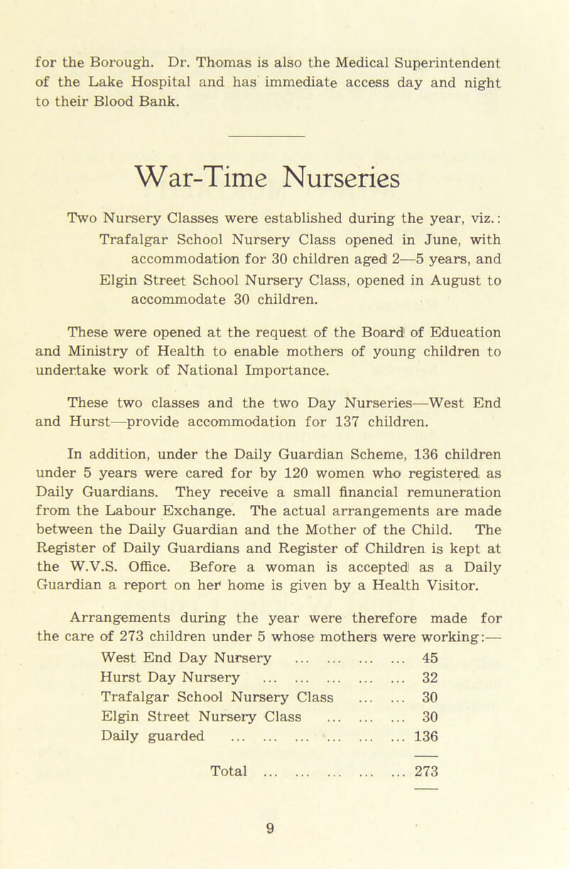 for the Borough. Dr. Thomas is also the Medical Superintendent of the Lake Hospital and has immediate access day and night to their Blood Bank. War-Time Nurseries Two Nursery Classes were established during the year, viz.: Trafalgar School Nursery Class opened in June, with accommodation for 30 children aged! 2—5 years, and Elgin Street School Nursery Class, opened in August to accommodate 30 children. These were opened at the request of the Board' of Education and Ministry of Health to enable mothers of young children to undertake work of National Importance. These two classes and the two Day Nurseries—West End and Hurst—provide accommodation for 137 children. In addition, under the Daily Guardian Scheme, 136 children under 5 years were cared for by 120 women who registered as Daily Guardians. They receive a small financial remuneration from the Labour Exchange. The actual arrangements are made between the Daily Guardian and the Mother of the Child. The Register of Daily Guardians and Register of Children is kept at the W.V.S. Office. Before a woman is accepted as a Daily Guardian a report on her home is given by a Health Visitor. Arrangements during the year were therefore made for the care of 273 children under 5 whose mothers were working:— West End Day Nursery 45 Hurst Day Nursery 32 Trafalgar School Nursery Class 30 Elgin Street Nursery Class 30 Daily guarded ... 136 Total 273