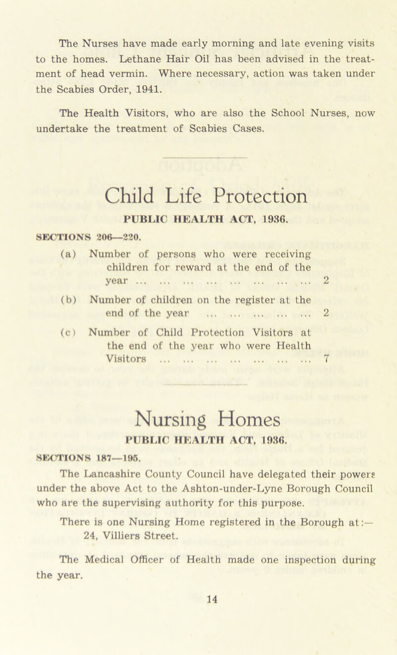 The Nurses have made early morning and late evening visits to the homes. Lethane Hair Oil has been advised in the treat- ment of head vermin. Where necessary, action was taken under the Scabies Order, 1941. The Health Visitors, who are also the School Nurses, now undertake the treatment of Scabies Cases. Child Life Protection PUBLIC HEALTH ACT, 1936. SECTIONS 206—220. (a) Number of persons who were receiving children for reward at the end of the year 2 (b) Number of children on the register at the end of the year 2 (c) Number of Child Protection Visitors at the end of the year who were Health Visitors 7 Nursing Homes PUBLIC HEALTH ACT, 1936. SECTIONS 187—105. The Lancashire County Council have delegated their powers under the above Act to the Ashton-under-Lyne Borough Council who are the supervising authority for this purpose. There is one Nursing Home registered in the Borough at 24, Villiers Street. The Medical Officer of Health made one inspection during the year.