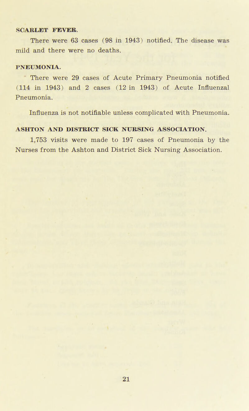 SCARLET FEVER. There were 63 cases (98 in 1943) notified. The disease was mild and there were no deaths. PNEUMONIA. There were 29 cases of Acute Primary Pneumonia notified (114 in 1943) and 2 cases (12 in 1943) of Acute Influenzal Pneumonia. Influenza is not notifiable unless complicated with Pneumonia. ASHTON AND DISTRICT SICK NURSING ASSOCIATION. 1,753 visits were made to 197 cases of Pneumonia by the Nurses from the Ashton and District Sick Nursing Association.