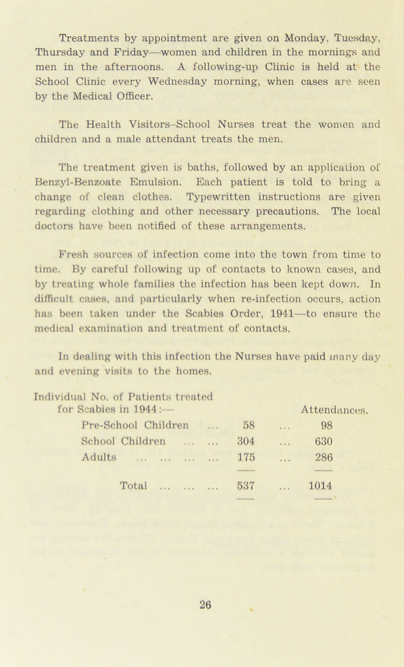 Treatments by appointment are given on Monday, Tuesday, Thursday and Friday—women and children in the mornings and men in the afternoons. A following-up Clinic is held at the School Clinic every Wednesday morning, when cases are seen by the Medical Officer. The Health Visitors-School Nurses treat the women and children and a male attendant treats the men. The treatment given is baths, followed by an application of Benzyl-Benzoate Emulsion. Each patient is told to bring a change of clean clothes. Typewritten instructions are given regarding clothing and other necessary precautions. The local doctors have been notified of these arrangements. Fresh sources of infection come into the town from time to time. By careful following up of contacts to known cases, and by treating whole families the infection has been kept down. In difficult cases, and particularly when re-infection occurs, action has been taken under the Scabies Order, 1941—to ensure the medical examination and treatment of contacts. In dealing with this infection the Nurses have paid many day and evening visits to the homes. Individual No. of Patients treated for Scabies in 1944:— Attendances. Pre-School Children 58 98 School Children 304 630 Adults .. 175 286 Total .. 537 .. 1014