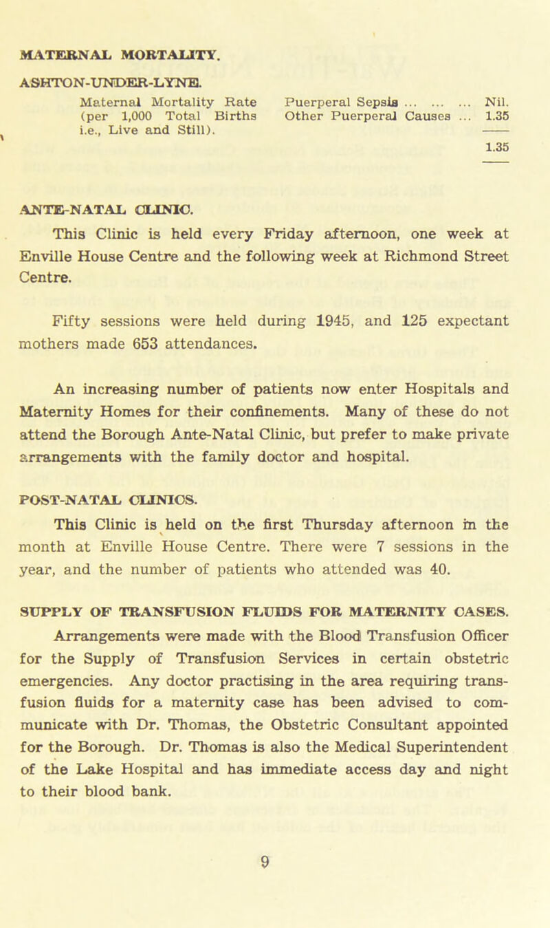 MATERNAL MORTALITY. ASHTON-UNDER-LYNE. Maternal Mortality Rate Puerperal Sepsis Nil. (per 1,000 Total Births Other Puerperal Causes ... 1.35 i.e., Live and Still). 1.35 .ANTE NATAL CLINIC. This Clinic is held every Friday afternoon, one week at Enville House Centre and the following week at Richmond Street Centre. Fifty sessions were held during 1945, and 125 expectant mothers made 653 attendances. An increasing number of patients now enter Hospitals and Maternity Homes for their confinements. Many of these do not attend the Borough Ante-Natal Clinic, but prefer to make private arrangements with the family doctor and hospital. POST-NATAL CLINICS. This Clinic is held on the first Thursday afternoon in the month at Enville House Centre. There were 7 sessions in the year, and the number of patients who attended was 40. SUPPLY OF TRANSFUSION FLUIDS FOR MATERNITY CASES. Arrangements were made with the Blood Transfusion Officer for the Supply of Transfusion Services in certain obstetric emergencies. Any doctor practising in the area requiring trans- fusion fluids for a maternity case has been advised to com- municate with Dr. Thomas, the Obstetric Consultant appointed for the Borough. Dr. Thomas is also the Medical Superintendent of the Lake Hospital and has immediate access day and night to their blood bank.