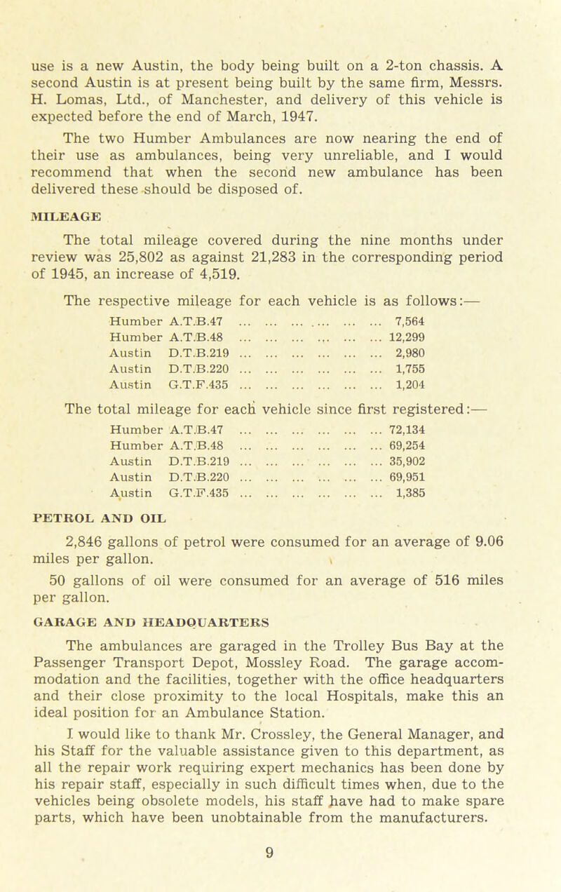 use is a new Austin, the body being built on a 2-ton chassis. A second Austin is at present being built by the same firm, Messrs. H. Lomas, Ltd., of Manchester, and delivery of this vehicle is expected before the end of March, 1947. The two Humber Ambulances are now nearing the end of their use as ambulances, being very unreliable, and I would recommend that when the second new ambulance has been delivered these -should be disposed of. MILEAGE The total mileage covered during the nine months under review was 25,802 as against 21,283 in the corresponding period of 1945, an increase of 4,519. The respective mileage for each vehicle is as follows:— Humber A.T.B.47 7,564 Humber A.T.B.48 12,299 Austin D.T.B.219 2,980 Austin D.T.B.220 1,755 Austin G.T.F.435 1,204 The total mileage for each vehicle since first registered:— Humber A.T.B.47 72,134 Humber A.T.B.48 69,254 Austin D.T.B.219 35,902 Austin D.T.B.220 69,951 Austin G.T.F.435 1,385 PETROL AND OIL 2,846 gallons of petrol were consumed for an average of 9.06 miles per gallon. \ 50 gallons of oil were consumed for an average of 516 miles per gallon. GARAGE AND HEADQUARTERS The ambulances are garaged in the Trolley Bus Bay at the Passenger Transport Depot, Mossley Road. The garage accom- modation and the facilities, together with the office headquarters and their close proximity to the local Hospitals, make this an ideal position for an Ambulance Station. I would like to thank Mr. Crossley, the General Manager, and his Staff for the valuable assistance given to this department, as all the repair work requiring expert mechanics has been done by his repair staff, especially in such difficult times when, due to the vehicles being obsolete models, his staff have had to make spare parts, which have been unobtainable from the manufacturers.