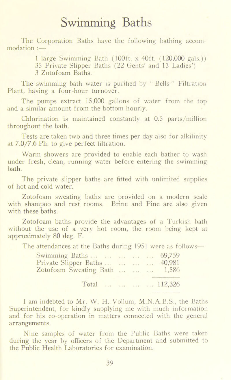 Swimming Baths The Corporation Baths have the following bathing accom- modation :— 1 large Swimming Bath (100ft. x 40ft. (120,000 gals.)) 35 Private Slipper Baths (22 Gents’ and 13 Ladies’) 3 Zotofoam Baths. The swimming bath water is purified by Bells ” Filtration Plant, having a four-hour turnover. The pumps extract 15,000 gallons of water from the top and a similar amount from the bottom hourly. Chlorination is maintained constantly at 0.5 parts/million throughout the bath. Tests are taken two and three times per day also for alkilinity at 7.0/7.6 Ph. to give perfect filtration. Warm showers are provided to enable each bather to wash under fresh, clean, running water before entering the swimming bath. The private slipper baths are fitted with unlimited supplies of hot and cold water. Zotofoam sweating baths are provided on a modern scale with shampoo and rest rooms. Brine and Pine are also given with these baths. Zotofoam baths provide the advantages of a Turkish bath without the use of a very hot room, the room being kept at approximately 80 deg. F. The attendances at the Baths during 1951 were as follows— Swimming Baths 69,759 Private Slipper Baths 40,981 Zotofoam Sweating Bath 1,586 Total 112,326 1 am indebted to Mr. W. H. Vollum, M.N.A.B.S., the Baths Superintendent, for kindly supplying me with much information and for his co-operation in matters connected with the general arrangements. Nine samples of water from the Public Baths were taken during the year by officers of the Department and submitted to the Public Health Laboratories for examination.