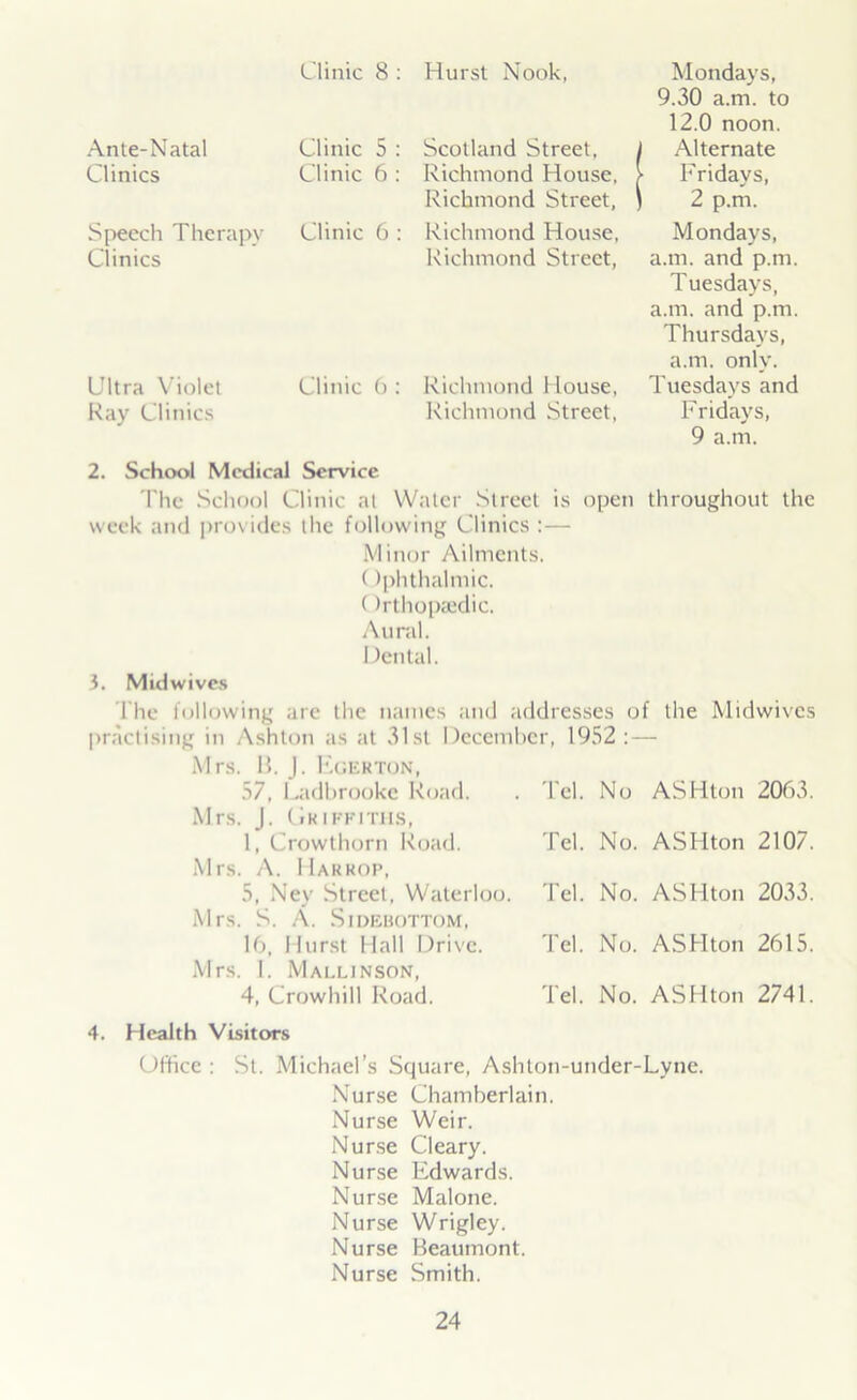 Clinic 8 : Hurst Nook, Mondays, 9.30 a.m. to 12.0 noon. Ante-Natal Clinic 5 : Scotland Street. i 1 Alternate Clinics Clinic 6 : Richmond House, Richmond Street, j > Fridays, 1 2 p.m. Speech Therapy Clinic 6 : Richmond House, Mondays, Clinics Richmond Street, a.m. and p.m. Tuesdays, a.m. and p.m. Thursdays, a.m. only. Ultra Violet Clinic 6 : Richmond House, Tuesdays and Ray Clinics 2. School Medical Service Richmond Street, Fridays, 9 a.m. The School Clinic at Water Street is open throughout the week and provides the following Clinics :— Minor Ailments. ()phthalmic. ()rthopaedic. Aural. Dental. 3. Midwives The following are the names and addresses of the Midwives practising in Ashton as at 31st December, 1952: — Mrs. B. J. Egerton, 57. Ladbrooke Road. Mrs. J. Griffiths, 1, Crowthorn Road. Mrs. A. Harrop, 5, Ney Street, Waterloo. Mrs. S. A. Sidebottom, 16, Hurst Hall Drive. Mrs. 1. Mallinson, 4, Crowbill Road. Tel. No ASHton 2063. Tel. No. ASHton 2107. Tel. No. ASHton 2033. Tel. No. ASHton 2615. Tel. No. ASHton 2741. 4. Health Visitors Office : St. Michael’s Square, Ashton-under-Lyne. Nurse Chamberlain. Nurse Weir. Nurse Cleary. Nurse Edwards. Nurse Malone. Nurse Wrigley. Nurse Beaumont. Nurse Smith.