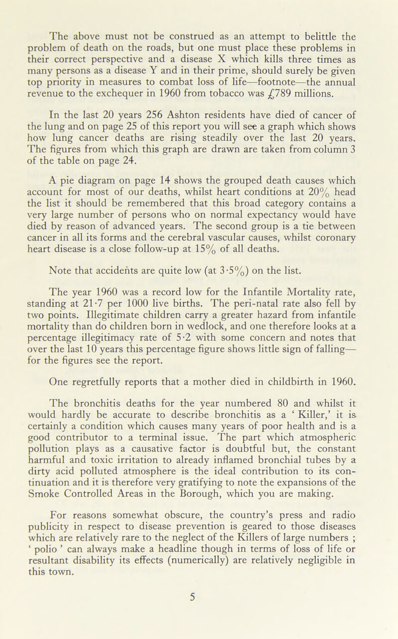 The above must not be construed as an attempt to belittle the problem of death on the roads, but one must place these problems in their correct perspective and a disease X which kills three times as many persons as a disease Y and in their prime, should surely be given top priority in measures to combat loss of life—footnote—the annual revenue to the exchequer in 1960 from tobacco was £789 millions. In the last 20 years 256 Ashton residents have died of cancer of the lung and on page 25 of this report you will see a graph which shows how lung cancer deaths are rising steadily over the last 20 years. The figures from which this graph are drawn are taken from column 3 of the table on page 24. A pie diagram on page 14 shows the grouped death causes which account for most of our deaths, whilst heart conditions at 20% head the list it should be remembered that this broad category contains a very large number of persons who on normal expectancy would have died by reason of advanced years. The second group is a tie between cancer in all its forms and the cerebral vascular causes, whilst coronary heart disease is a close follow-up at 15% of all deaths. Note that accidents are quite low (at 3-5%) on the list. The year 1960 was a record low for the Infantile Mortality rate, standing at 21-7 per 1000 live births. The peri-natal rate also fell by two points. Illegitimate children carry a greater hazard from infantile mortality than do children born in wedlock, and one therefore looks at a percentage illegitimacy rate of 5-2 with some concern and notes that over the last 10 years this percentage figure shows little sign of falling— for the figures see the report. One regretfully reports that a mother died in childbirth in 1960. The bronchitis deaths for the year numbered 80 and whilst it would hardly be accurate to describe bronchitis as a ‘ Killer,’ it is certainly a condition which causes many years of poor health and is a good contributor to a terminal issue. The part which atmospheric pollution plays as a causative factor is doubtful but, the constant harmful and toxic irritation to already inflamed bronchial tubes by a dirty acid polluted atmosphere is the ideal contribution to its con- tinuation and it is therefore very gratifying to note the expansions of the Smoke Controlled Areas in the Borough, which you are making. For reasons somewhat obscure, the country’s press and radio publicity in respect to disease prevention is geared to those diseases which are relatively rare to the neglect of the Killers of large numbers ; ‘ polio ’ can always make a headline though in terms of loss of life or resultant disability its effects (numerically) are relatively negligible in this town.