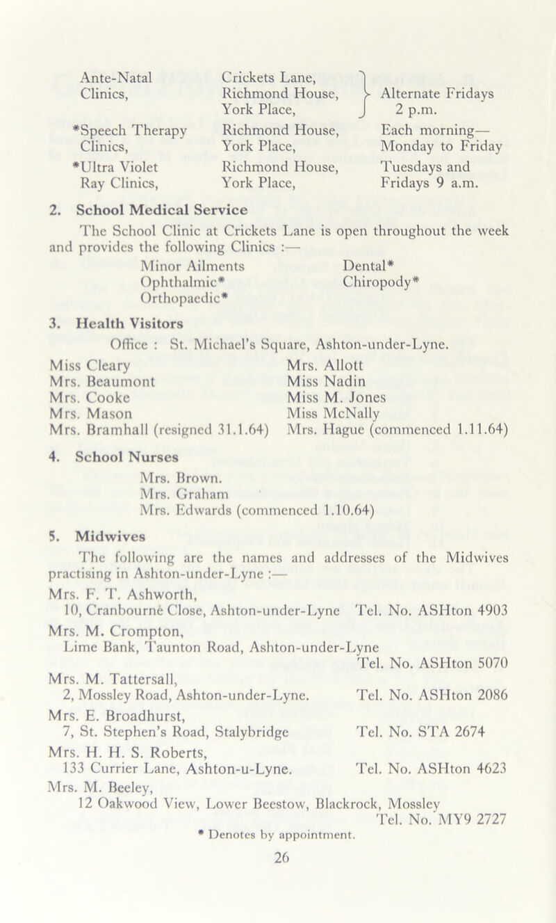 Ante-Natal Clinics, •Speech Therapy Clinics, •Ultra Violet Ray Clinics, Crickets Lane, Richmond House, York Place, Richmond House, York Place, Richmond House, York Place, > Alternate Fridays J 2 p.m. Each morning— Monday to Friday Tuesdays and Fridays 9 a.m. 2. School Medical Service The School Clinic at Crickets Lane is open throughout the week and provides the following Clinics :— Minor Ailments Dental^ Ophthalmic* Chiropody* Orthopaedic* 3. Health Visitors Office ; St. Michael’s Square, Ashton-under-Lyne. Miss Cleary Mrs. Beaumont Mrs. Cooke Mrs. Mason Mrs. Bramhall (resigned 31.1.64) Mrs. Allott Miss Nadin Miss M. Jones Miss McNally Mrs. Hague (commenced 1.11.64) 4. School Nurses Mrs. Brown. Mrs. Graham Mrs. Edwards (commenced 1.10.64) 5, Midwives 'I’he following are the names and addresses of the Midwives practising in Ashton-undcr-Lync :— Mrs. F. 'P. Ashworth, 10, Cranbourn6 Close, Ashton-under-Lyne 'Pel. No. ASHton 4903 Mrs. M. Crompton, Lime Bank, I’aunton Road, Ashton-under-Lyne Tel. No. ASHton 5070 Mrs. M. Tattersall, 2, Mossley Road, Ashton-under-Lyne. Tel. No. ASHton 2086 Mrs. E. Broadhurst, 7, St. Stephen’s Road, Stalyhridge Tel. No. STA 2674 Mrs. H. H. S. Roberts, 133 Currier Lane, Ashton-u-Lyne. Tel. No. ASHton 4623 Mrs. M. Beeley, 12 Oakwood View, Lower Beestow, Blackrock, Mossley 'Pel. No.'!\lY9 2727 • Denotes by appointment.