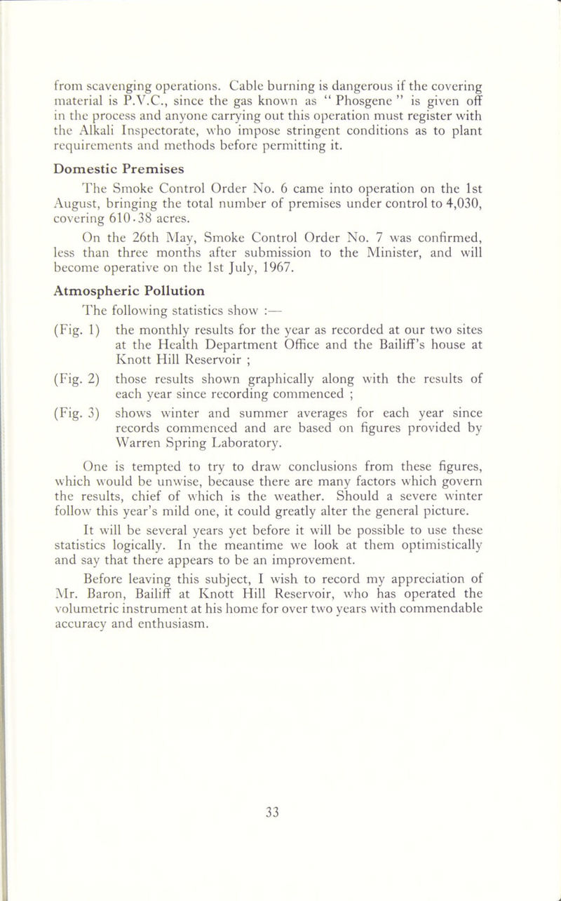 from scavenging operations. Cable burning is dangerous if the covering material is P.V.C., since the gas known as “ Phosgene ” is given off in the process and anyone carrying out this operation must register with the Alkali Inspectorate, who impose stringent conditions as to plant requirements and methods before permitting it. Domestic Premises The Smoke Control Order No. 6 came into operation on the 1st August, bringing the total number of premises under control to 4,030, covering 610-38 acres. On the 26th May, Smoke Control Order No. 7 was confirmed, less than three months after submission to the Minister, and will become operative on the 1st July, 1967. Atmospheric Pollution The following statistics show :— (Fig. 1) the monthly results for the year as recorded at our two sites at the Health Department Office and the Bailiff’s house at Knott Hill Reservoir ; (Fig. 2) those results shown graphically along with the results of each year since recording commenced ; (Fig. 3) shows winter and summer averages for each year since records commenced and are based on figures provided by Warren Spring Laboratory. One is tempted to try to draw conclusions from these figures, which would be unwise, because there are many factors which govern the results, chief of which is the weather. Should a severe winter follow this year’s mild one, it could greatly alter the general picture. It will be several years yet before it will be possible to use these statistics logically. In the meantime we look at them optimistically and say that there appears to be an improvement. Before leaving this subject, I wish to record my appreciation of Mr. Baron, Bailiff at Knott Plill Reservoir, who has operated the volumetric instrument at his home for over two years with commendable accuracy and enthusiasm.